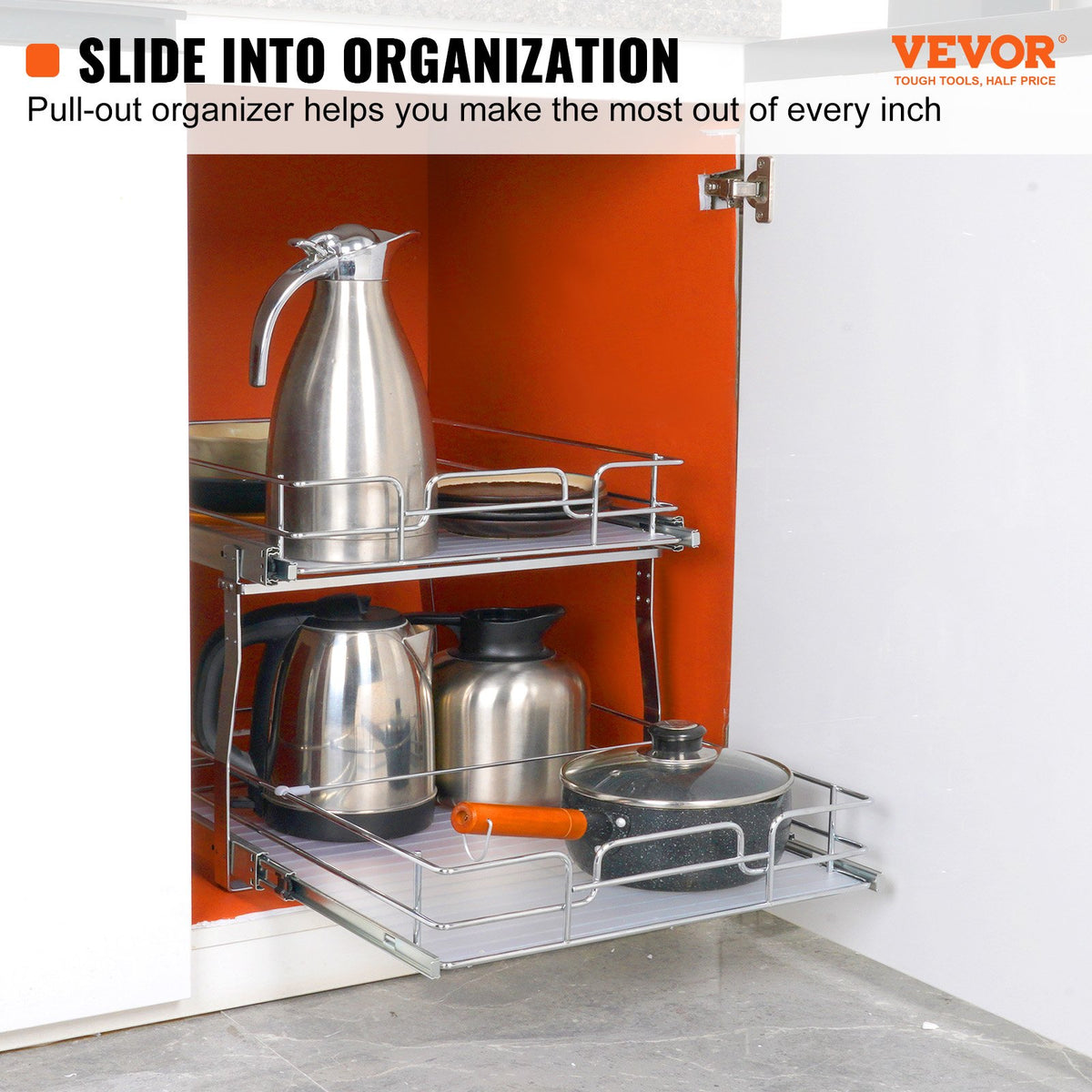 VEVOR 2 Tier 20"Wx21"Dx15"H Pull Out Cabinet Organizer, Heavy Duty Slide Out Pantry Shelves, Steel Roll Out Drawers, Sliding Drawer Storage for Home, 21.5"Wx22"Dx18"H Install Size for Cabinet
