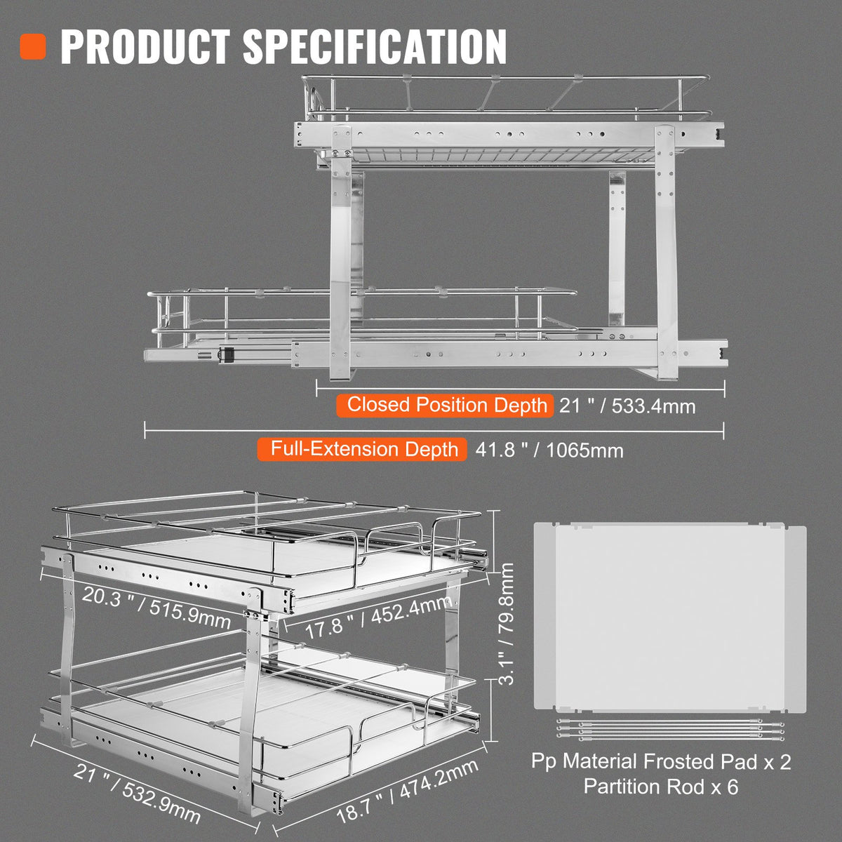VEVOR 2 Tier 20"Wx21"Dx15"H Pull Out Cabinet Organizer, Heavy Duty Slide Out Pantry Shelves, Steel Roll Out Drawers, Sliding Drawer Storage for Home, 21.5"Wx22"Dx18"H Install Size for Cabinet