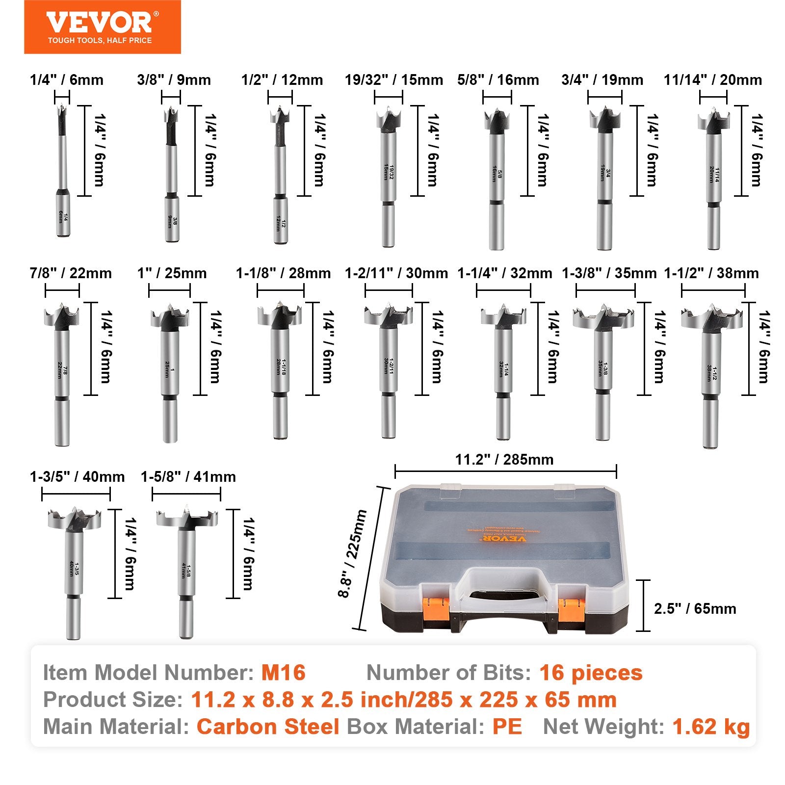 VEVOR Forstner Bit Set, 16 Pcs Forstner Drill Bits Set, 1/4" to 1-5/8", Carbon Steel, with Universal Round Shank, Forstner Drill Bit for Wood and Composite Board, Forstner Bits for Woodworking