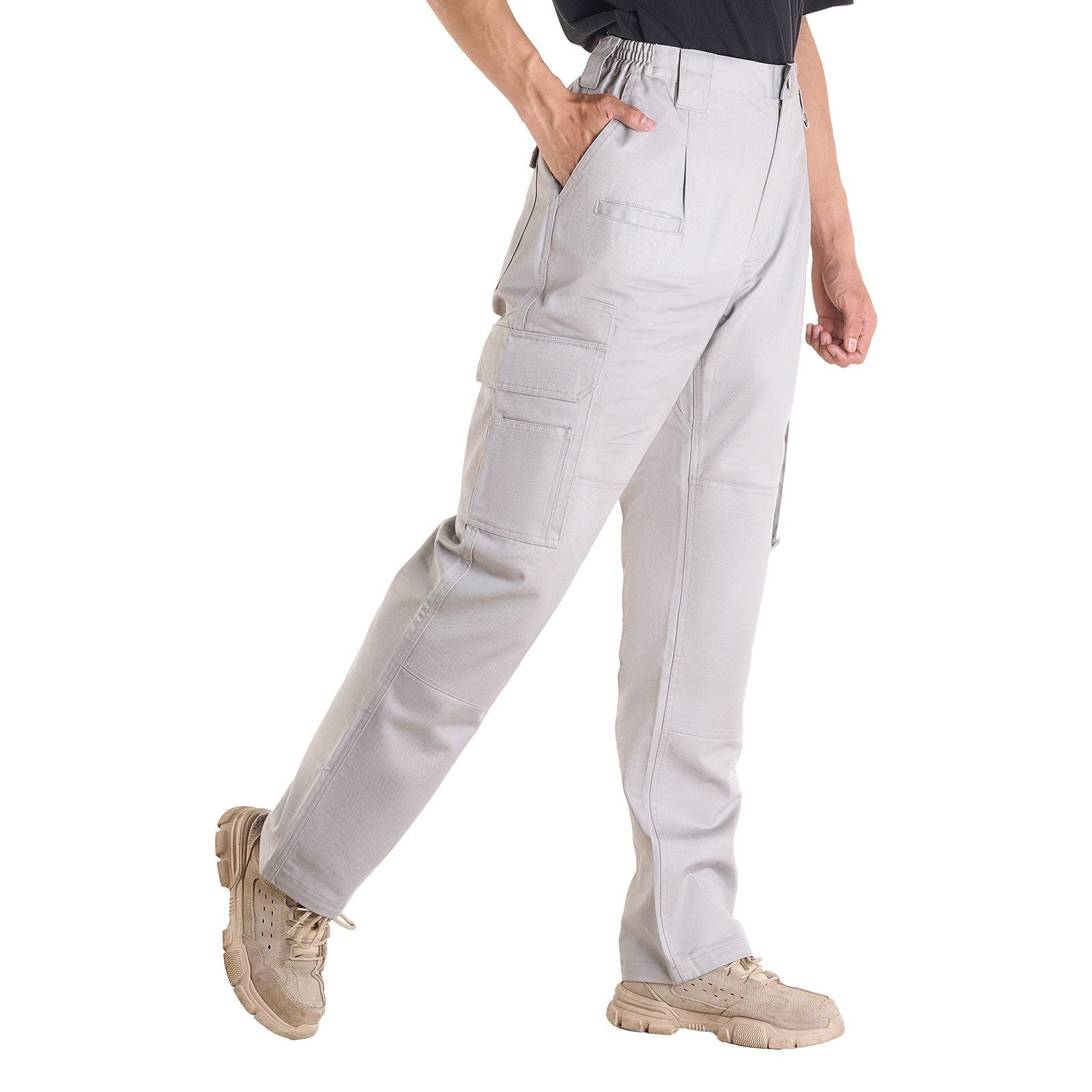 FR Pants for Men, 100% Cotton, Flame-Resistant Cargo Pants with Multi-Pockets and Elastic Waist, Reinforced Tear-proof Stitching, Ideal for Welding Work and Casual Wear, M Size, Gray