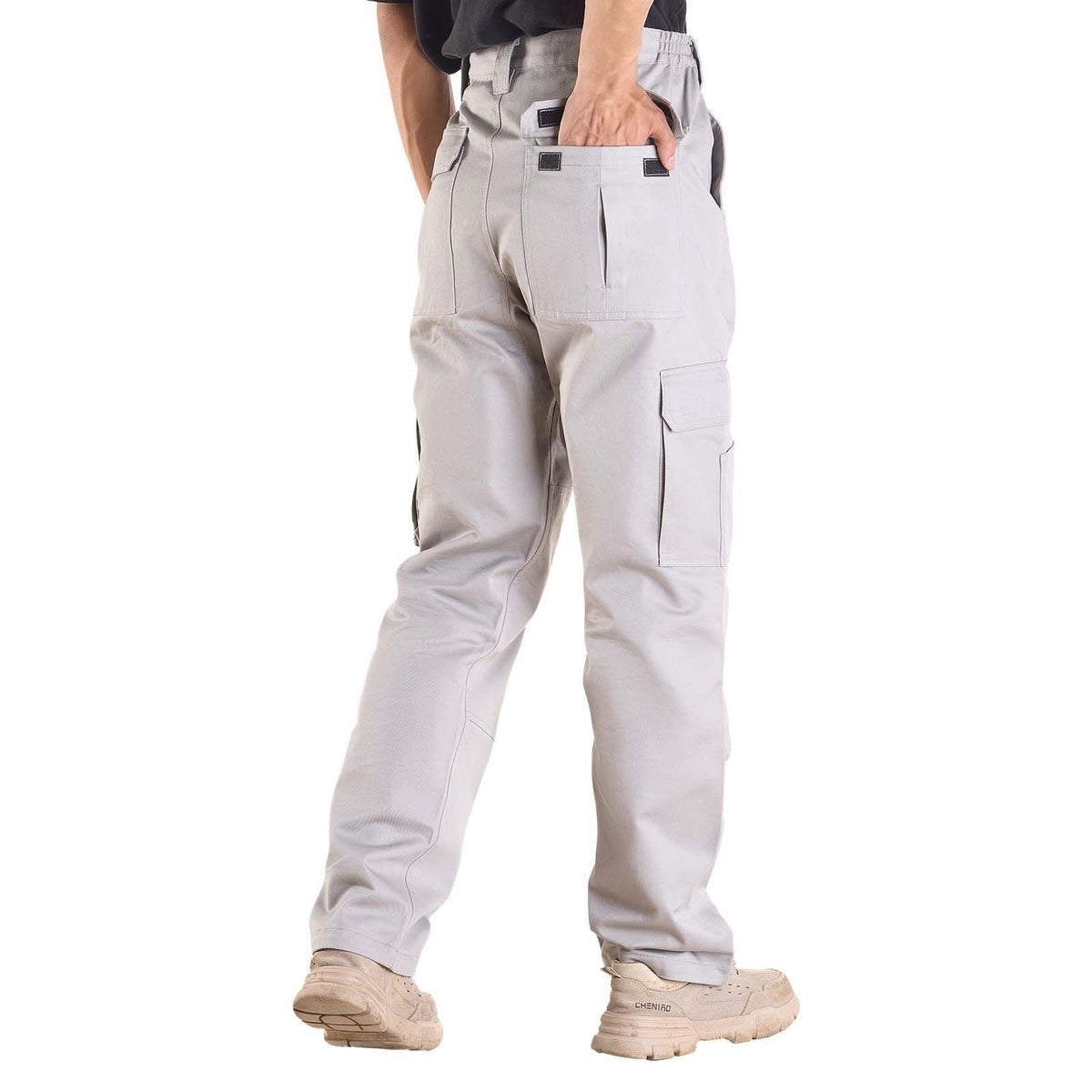 FR Pants for Men, 100% Cotton, Flame-Resistant Cargo Pants with Multi-Pockets and Elastic Waist, Reinforced Tear-proof Stitching, Ideal for Welding Work and Casual Wear, M Size, Gray