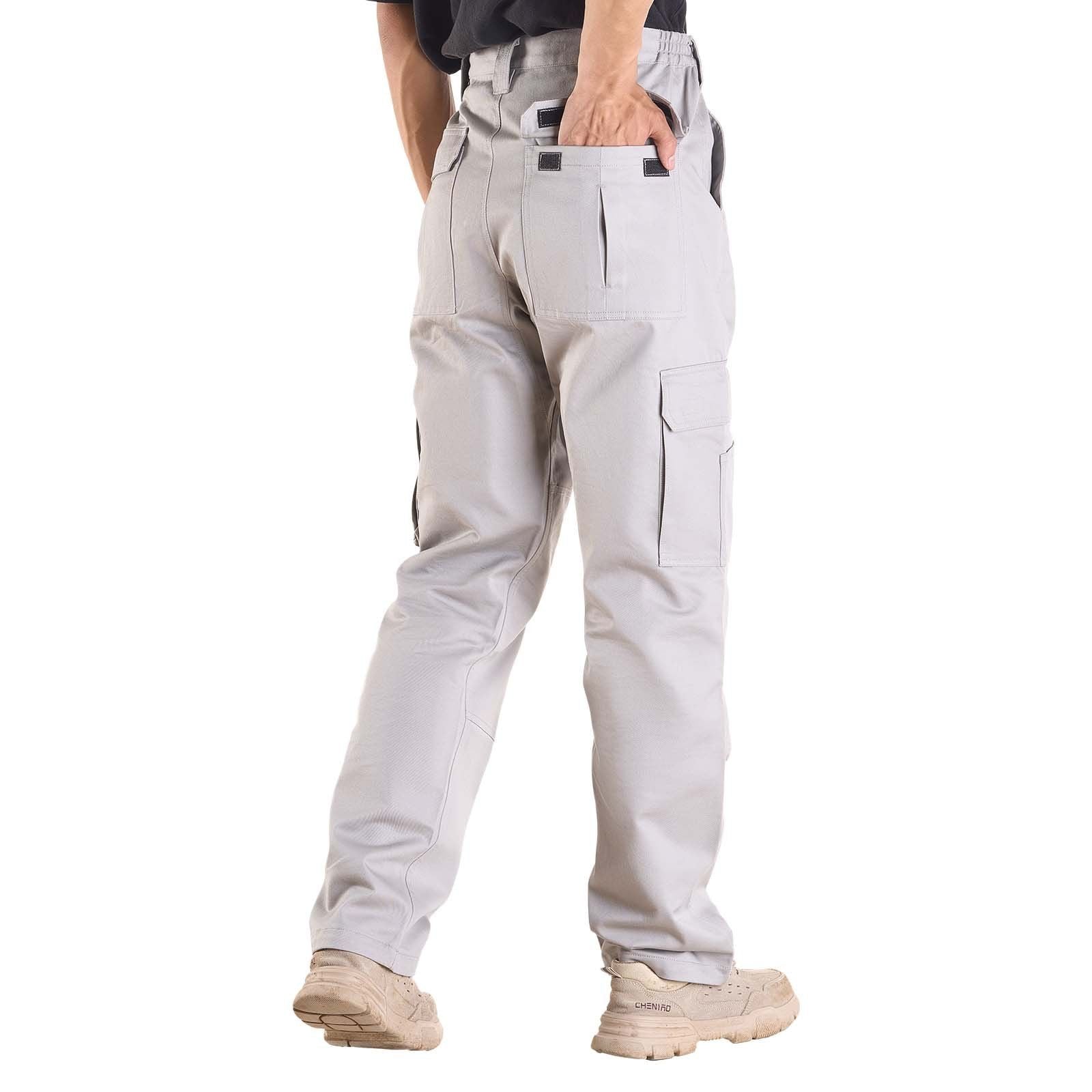 FR Pants for Men, 100% Cotton, Flame-Resistant Cargo Pants with Multi-Pockets and Elastic Waist, Reinforced Tear-proof Stitching, Ideal for Welding Work and Casual Wear, M Size, Gray
