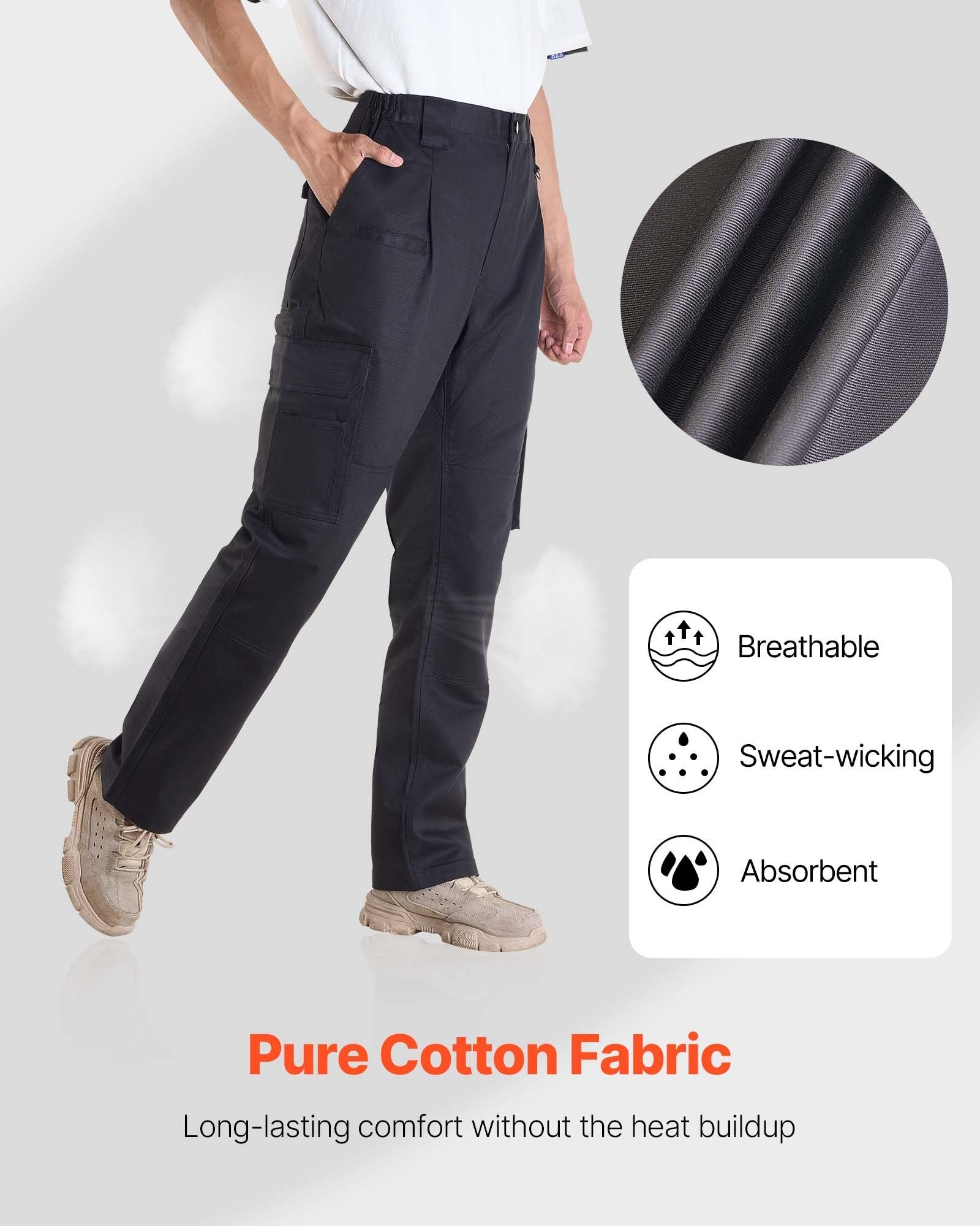 FR Pants for Men, 100% Cotton, Flame-Resistant Cargo Pants with Multi-Pockets and Elastic Waist, Reinforced Tear-proof Stitching, Ideal for Welding Work and Casual Wear, M Size, Black