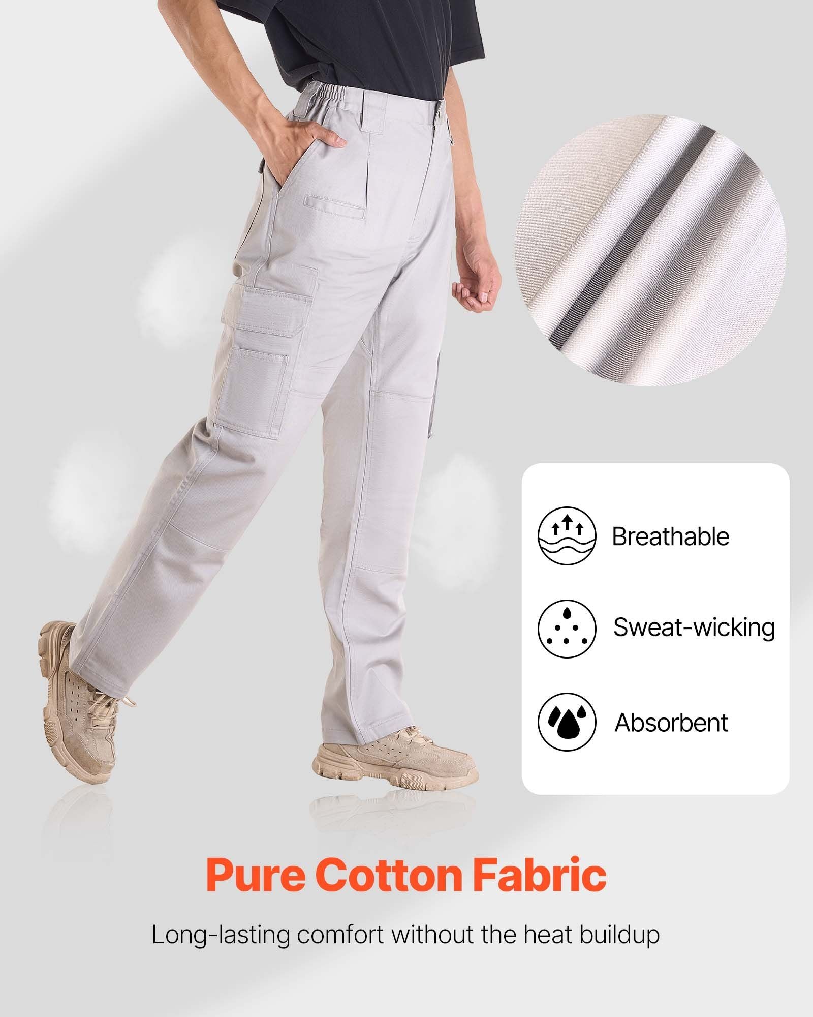FR Pants for Men, 100% Cotton, Flame-Resistant Cargo Pants with Multi-Pockets and Elastic Waist, Reinforced Tear-proof Stitching, Ideal for Welding Work and Casual Wear, XXL Size, Gray