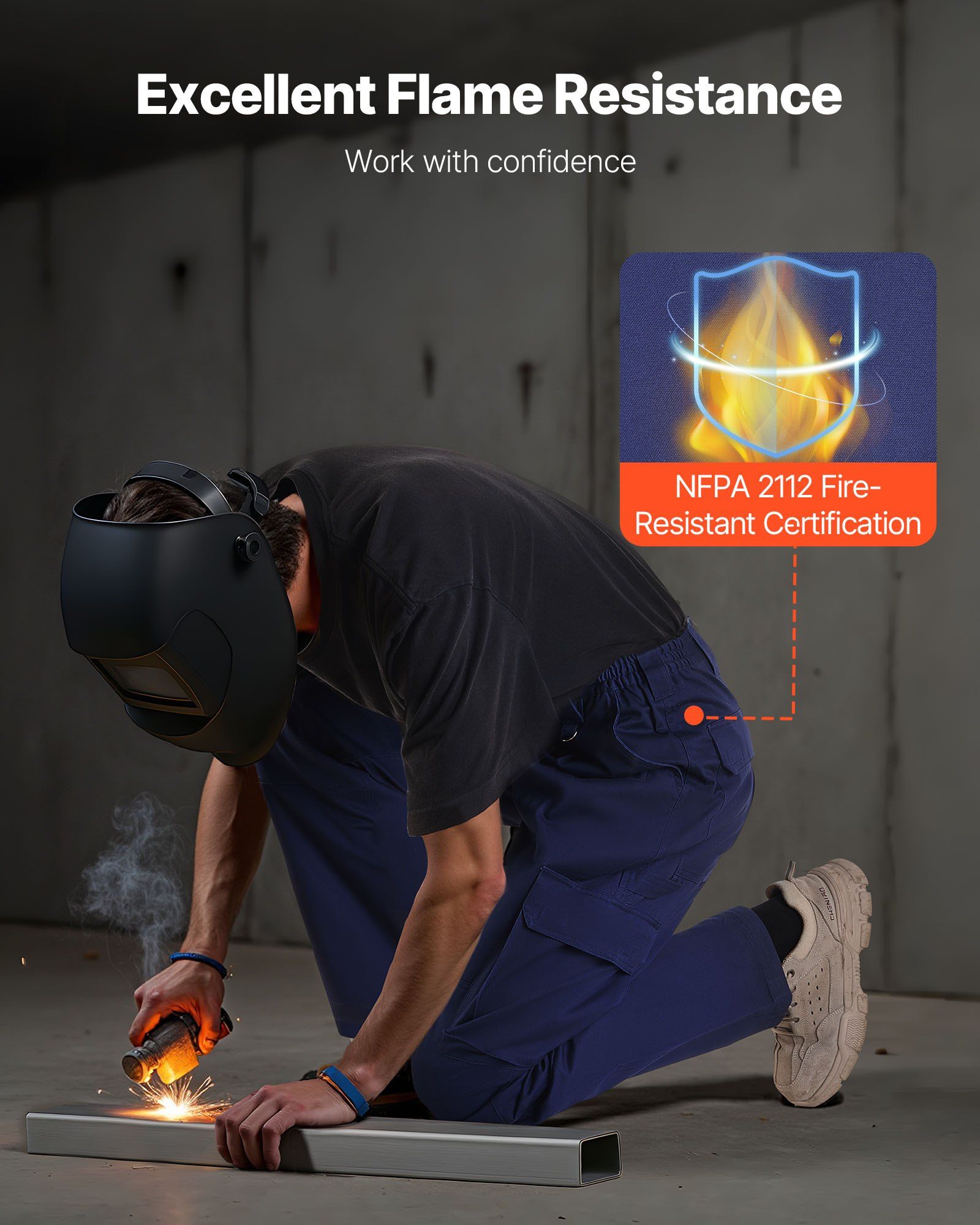 FR Pants for Men, 100% Cotton, Flame-Resistant Cargo Pants with Multi-Pockets and Elastic Waist, Reinforced Tear-proof Stitching, Ideal for Welding Work and Casual Wear, M Size, Dark Blue