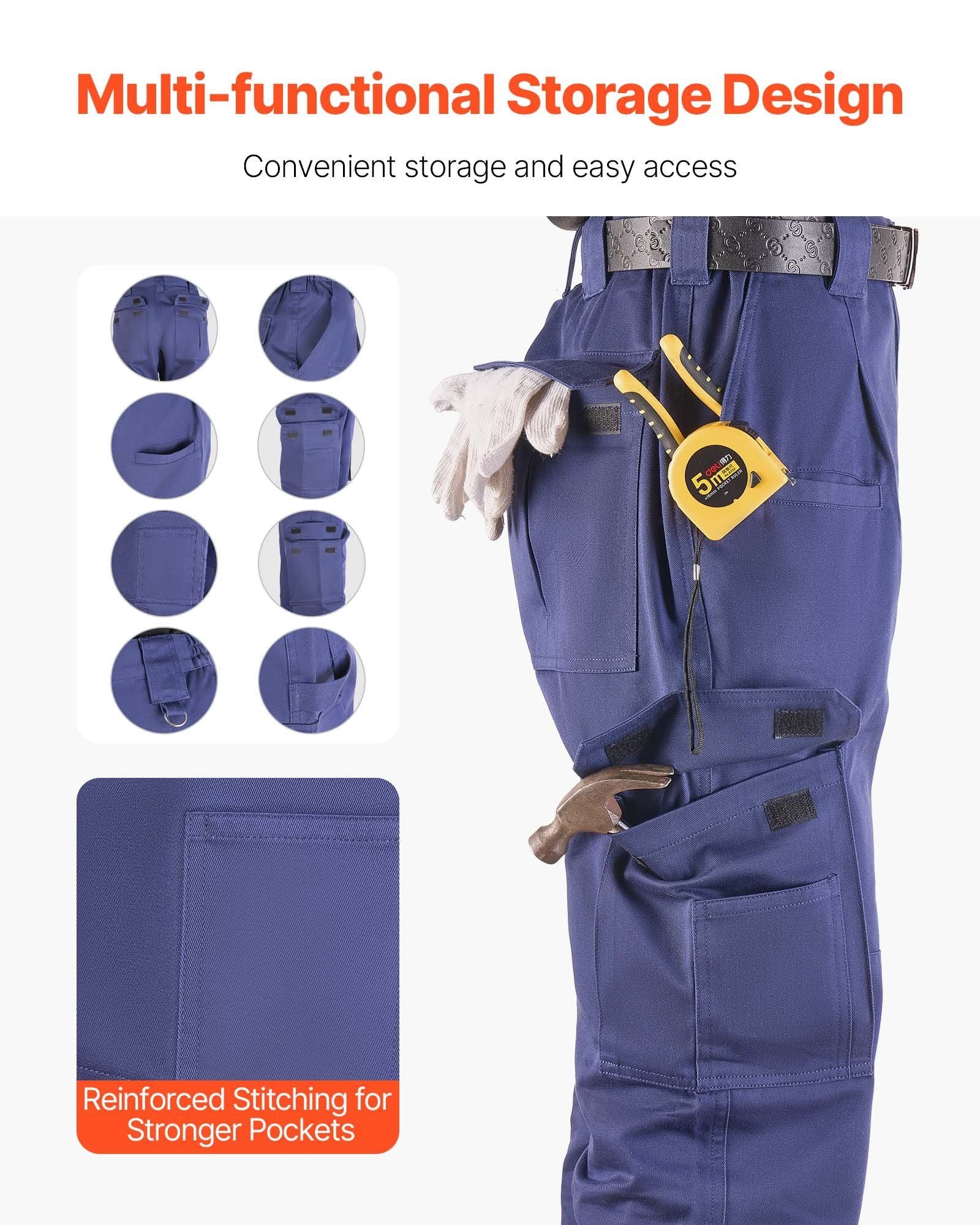 FR Pants for Men, 100% Cotton, Flame-Resistant Cargo Pants with Multi-Pockets and Elastic Waist, Reinforced Tear-proof Stitching, Ideal for Welding Work and Casual Wear, M Size, Dark Blue