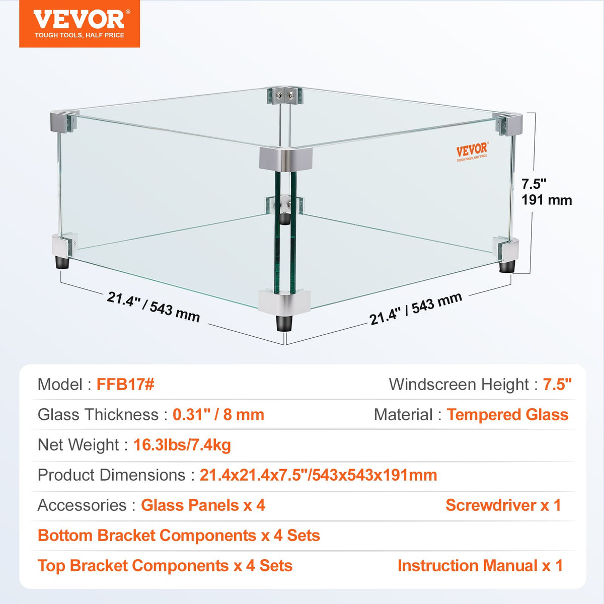 VEVOR Gas Fire Pit Wind Guard for Square Fire Table, 543 x 543 x 191 mm Clear Tempered Wind Guard for Firepits, 8mm Thick Square Glass Shield, Glass Panel with Hard Corner Bracket & Feet
