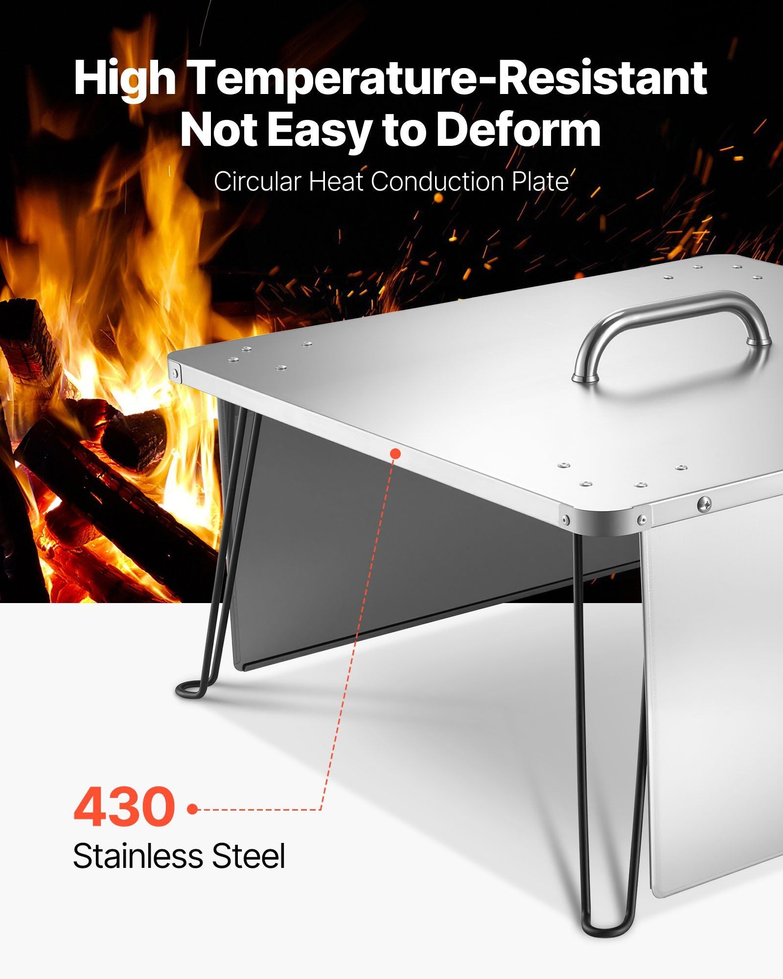 Fire Pit Heat Deflector, 645x645x370 mm Square Outdoor Burner Cover, Stainless Steel Bonfire Camping Wood Burning, Push Heat Down and Out with 4 Foldable Legs & Carrying Handle