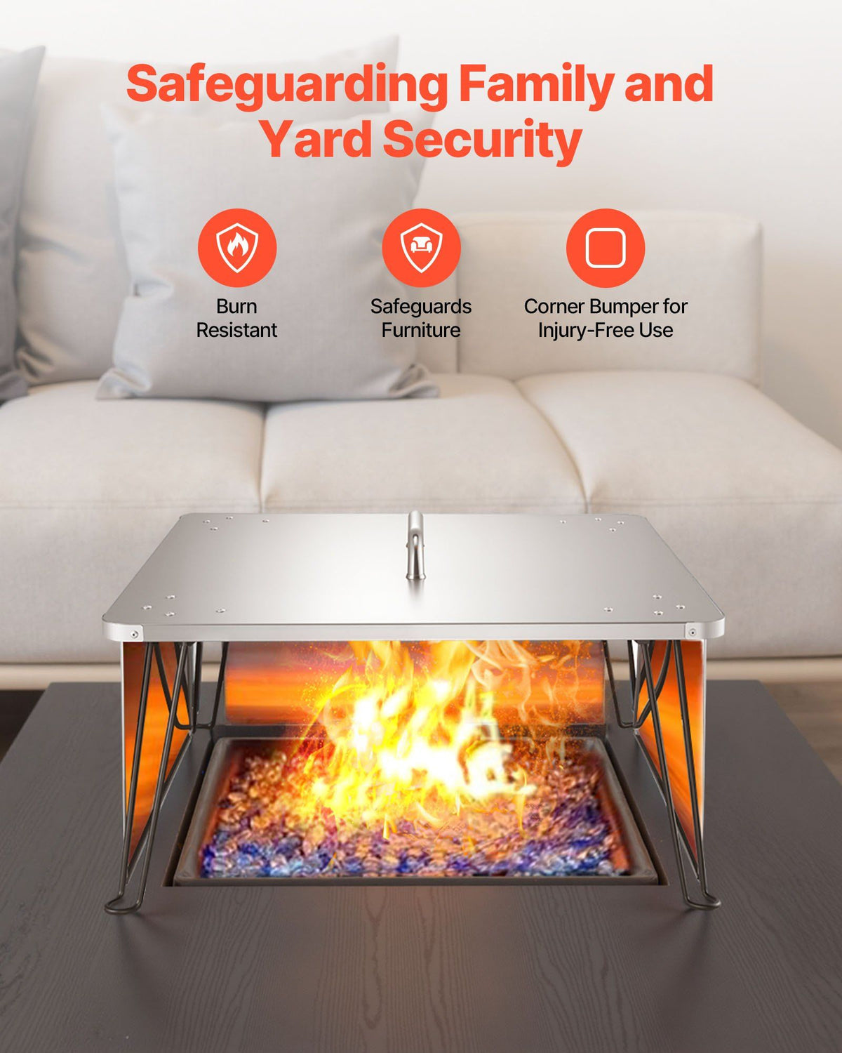 Fire Pit Heat Deflector, 645x645x370 mm Square Outdoor Burner Cover, Stainless Steel Bonfire Camping Wood Burning, Push Heat Down and Out with 4 Foldable Legs & Carrying Handle