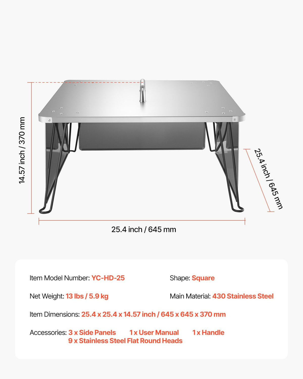 Fire Pit Heat Deflector, 645x645x370 mm Square Outdoor Burner Cover, Stainless Steel Bonfire Camping Wood Burning, Push Heat Down and Out with 4 Foldable Legs & Carrying Handle