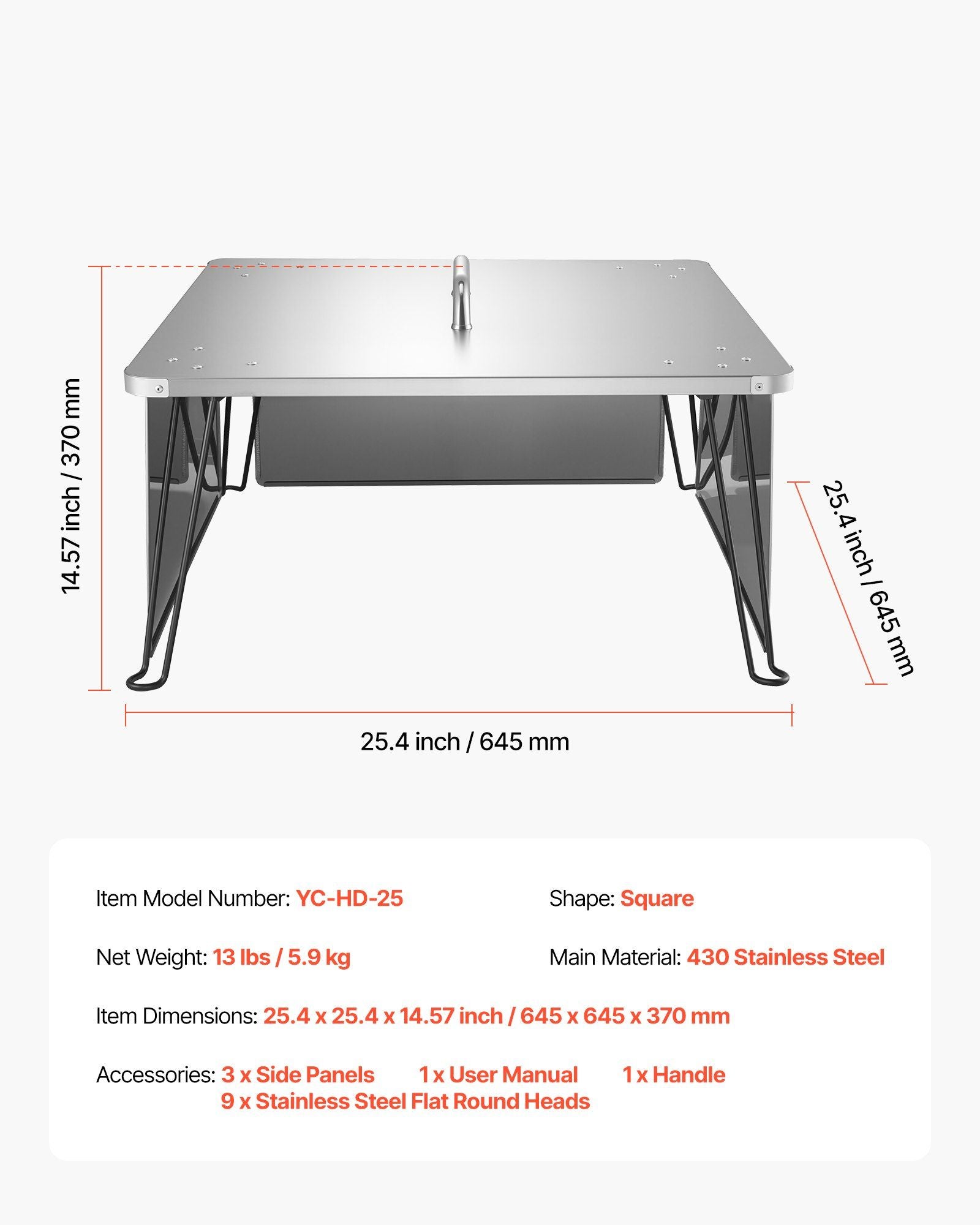 Fire Pit Heat Deflector, 645x645x370 mm Square Outdoor Burner Cover, Stainless Steel Bonfire Camping Wood Burning, Push Heat Down and Out with 4 Foldable Legs & Carrying Handle