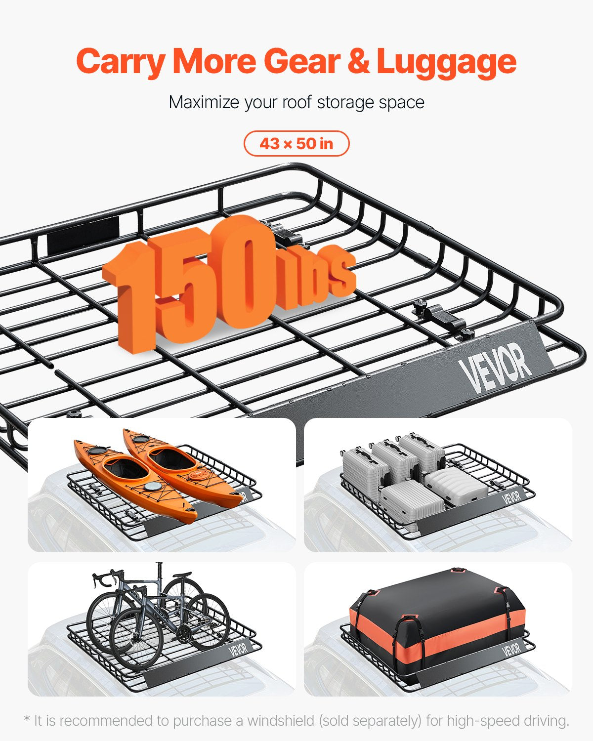 VEVOR Roof Rack Cargo Carrier, 1095 x 1270 x 105 mm, Universal Rooftop Cargo Basket, Car Top Luggage Holder with 68 kg Max Load Capacity, 4.1 in Fence, Anti-Rust Alloy Steel, Wind Fairing, for SUV Car