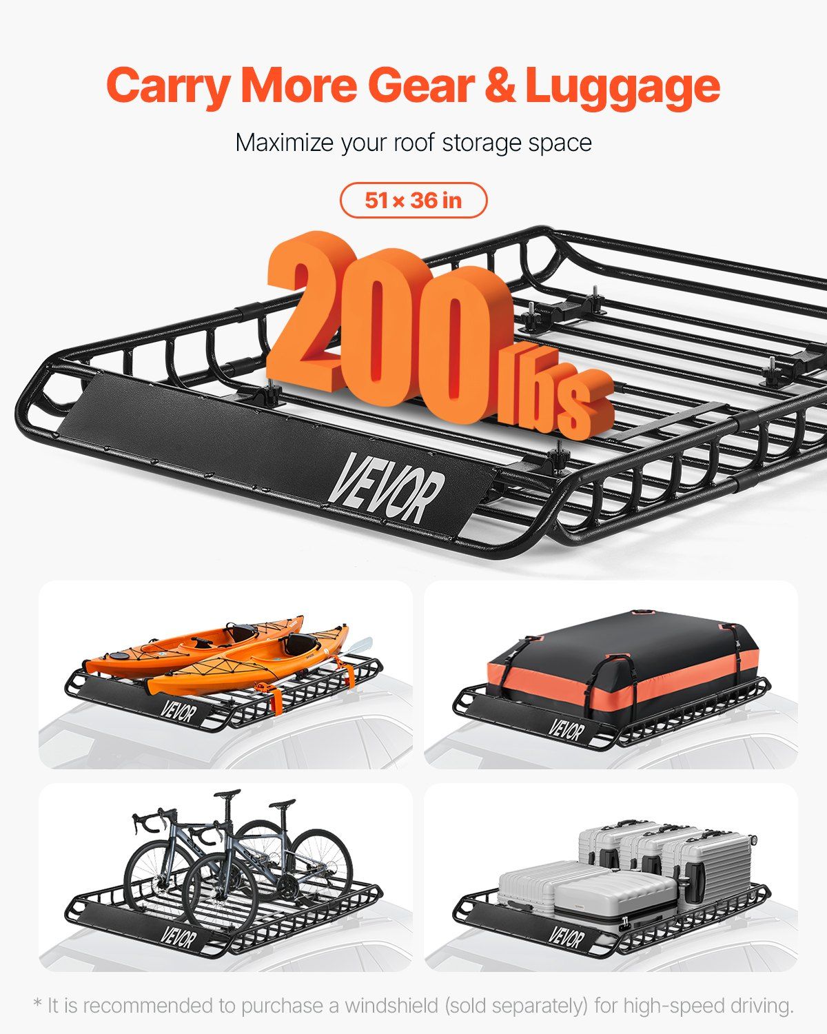 Roof Rack Basket, 1300 x 910 x 105 mm, Universal Rooftop Cargo Carrier with 44.1 x 34.3 x 10.2 in Cargo Bag, Net, Ratchet Straps, 90.7 kg Max Load Capacity Car Top Luggage Holder, for SUV Car