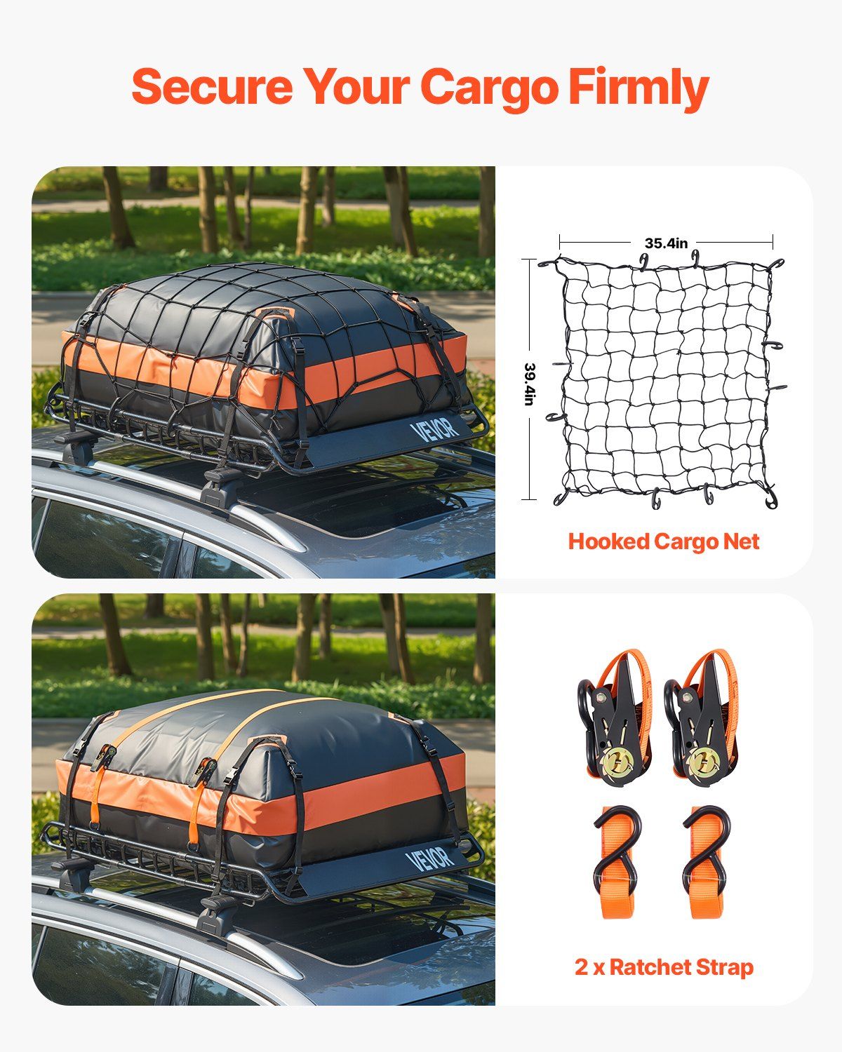 Roof Rack Basket, 1300 x 910 x 105 mm, Universal Rooftop Cargo Carrier with 44.1 x 34.3 x 10.2 in Cargo Bag, Net, Ratchet Straps, 90.7 kg Max Load Capacity Car Top Luggage Holder, for SUV Car