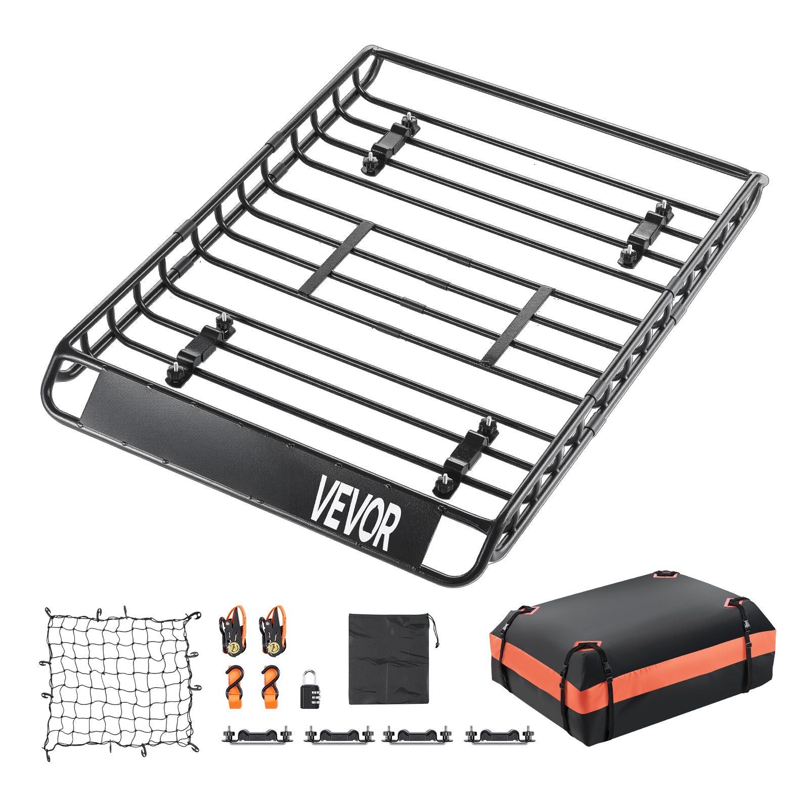 Roof Rack Basket, 1300 x 910 x 105 mm, Universal Rooftop Cargo Carrier with 44.1 x 34.3 x 10.2 in Cargo Bag, Net, Ratchet Straps, 90.7 kg Max Load Capacity Car Top Luggage Holder, for SUV Car