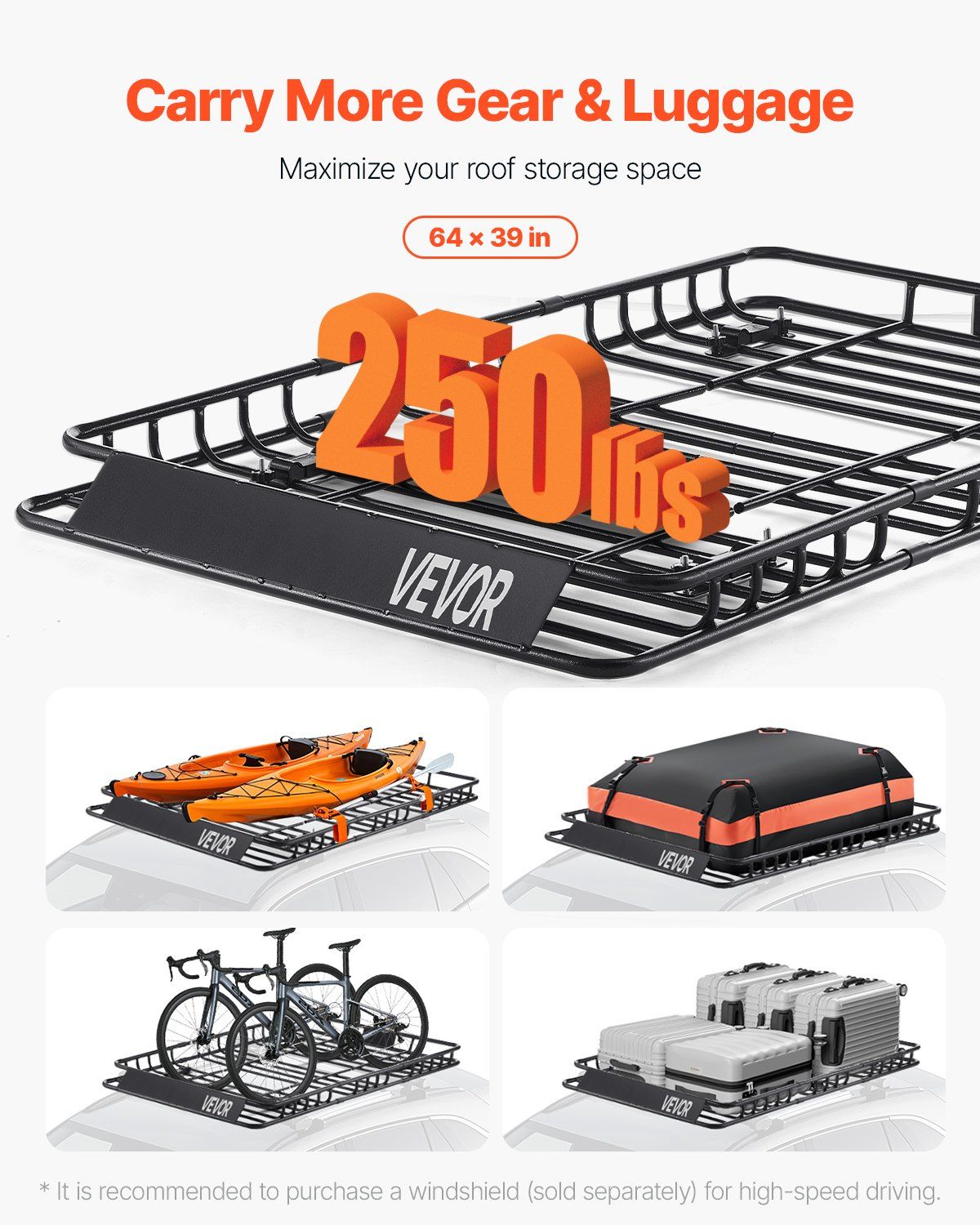 Roof Rack Basket, 1625 x 990 x 105 mm, Universal Rooftop Cargo Carrier with 1120 x 870 x 260 mm Cargo Bag, Net, Ratchet Straps, 113.4 kg Max Load Capacity Car Top Luggage Holder, for SUV Car
