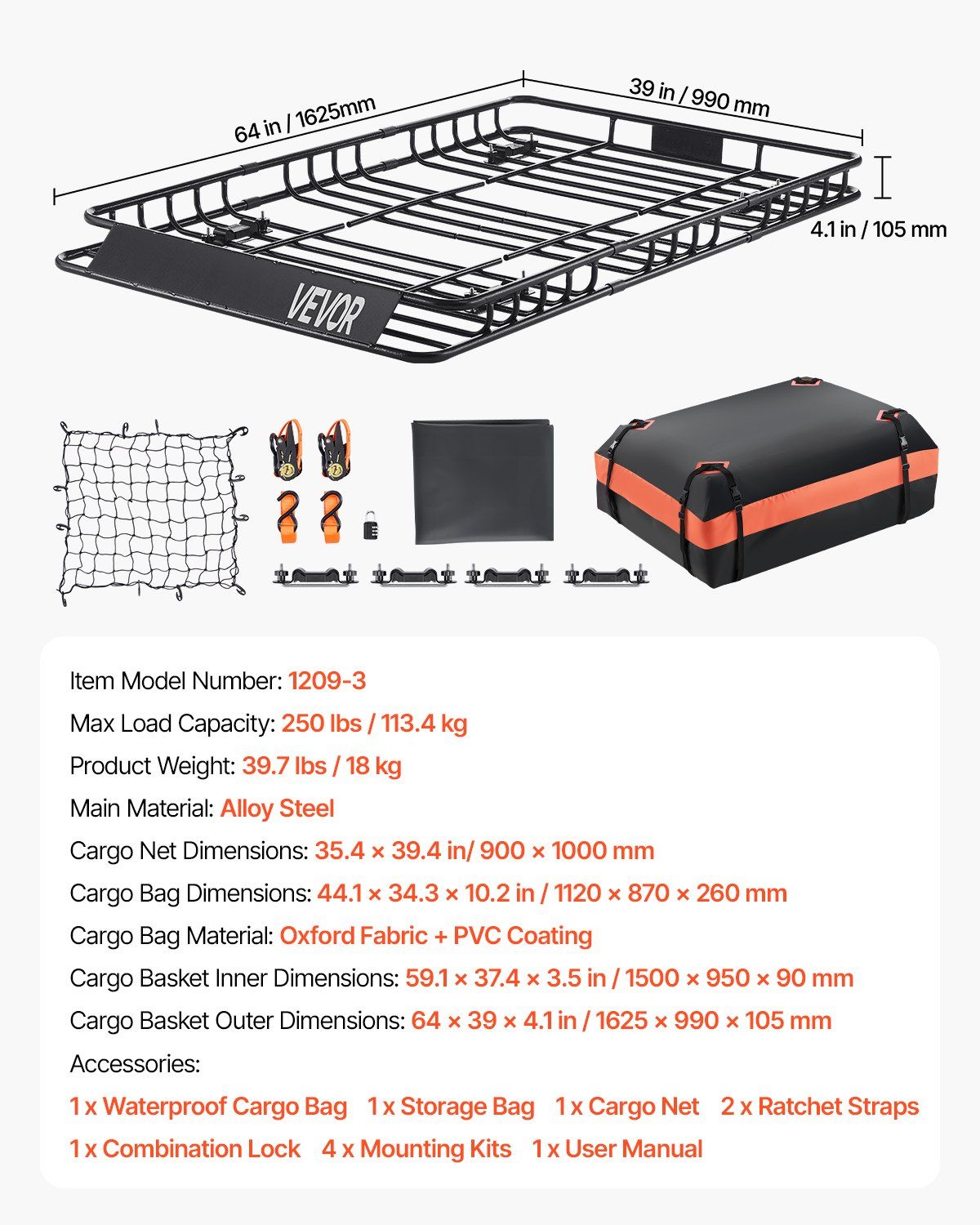 Roof Rack Basket, 1625 x 990 x 105 mm, Universal Rooftop Cargo Carrier with 1120 x 870 x 260 mm Cargo Bag, Net, Ratchet Straps, 113.4 kg Max Load Capacity Car Top Luggage Holder, for SUV Car