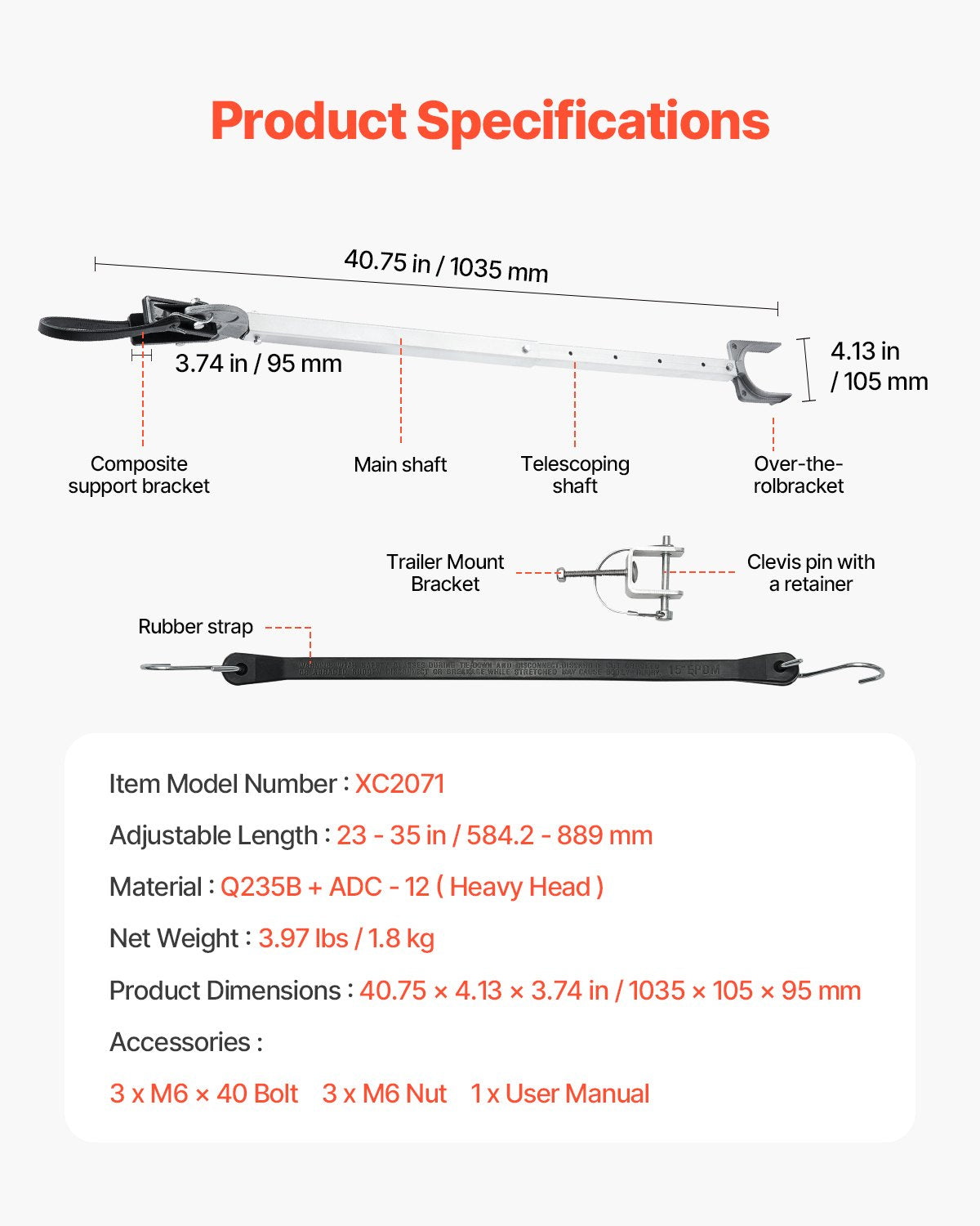 VEVOR Transom Saver, 23-35 in, Adjustable Boat Transom Saver with Composite Head, Corrosion-Resistant Easy-to-Install Transom Savers for Less Than 100 HP Outboard Motor , Fit for Roller & Trailer