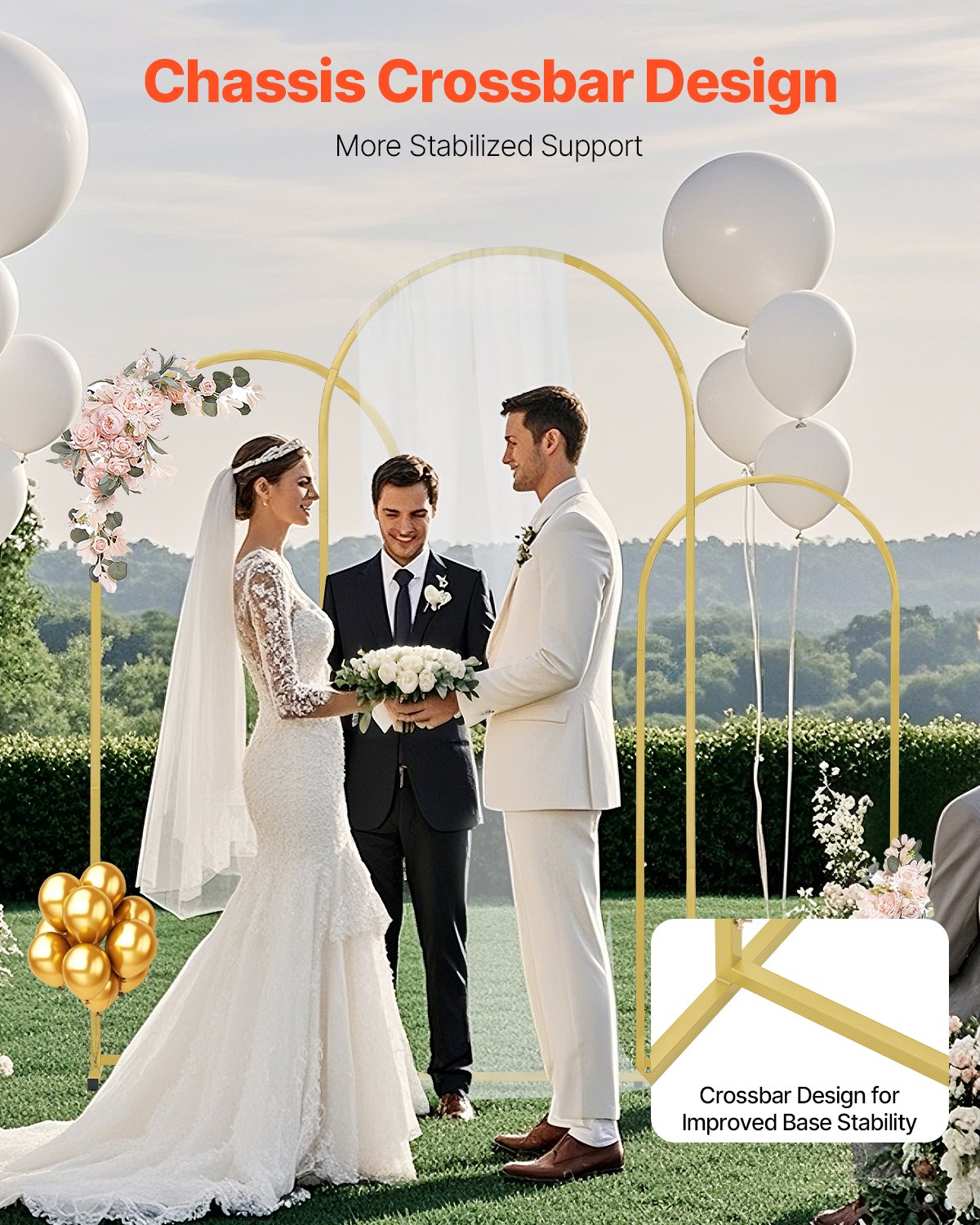 VEVOR Wedding Arch Backdrop Stand, Set of 3, Metal Stable Stand with Case Connection & Chassis Crossbar Design, Easy-to-Assemble Gold Stand with Premium Metal, Fit for Birthday, Celebration, Holiday