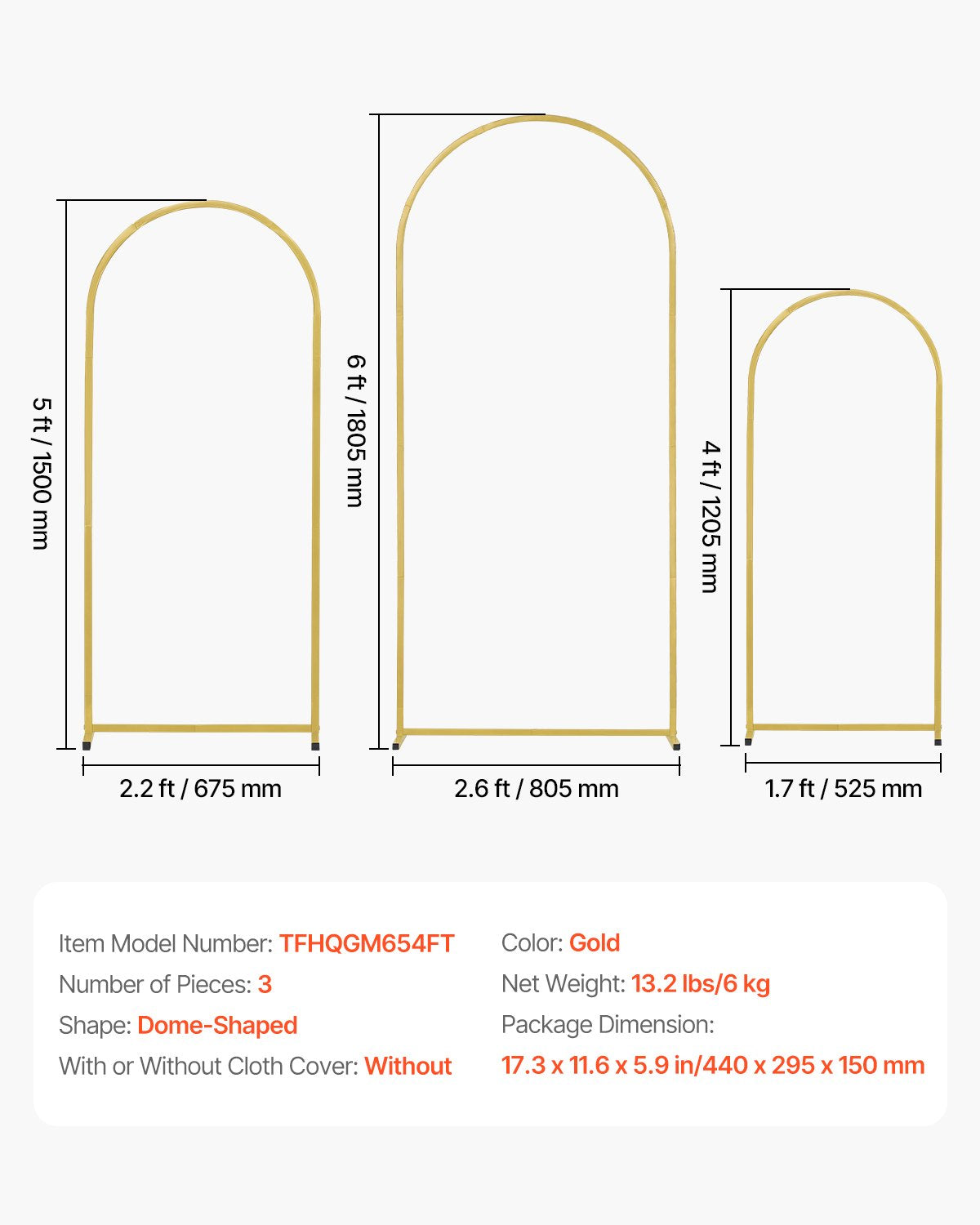 VEVOR Wedding Arch Backdrop Stand, Set of 3, Metal Stable Stand with Case Connection & Chassis Crossbar Design, Easy-to-Assemble Gold Stand with Premium Metal, Fit for Birthday, Celebration, Holiday