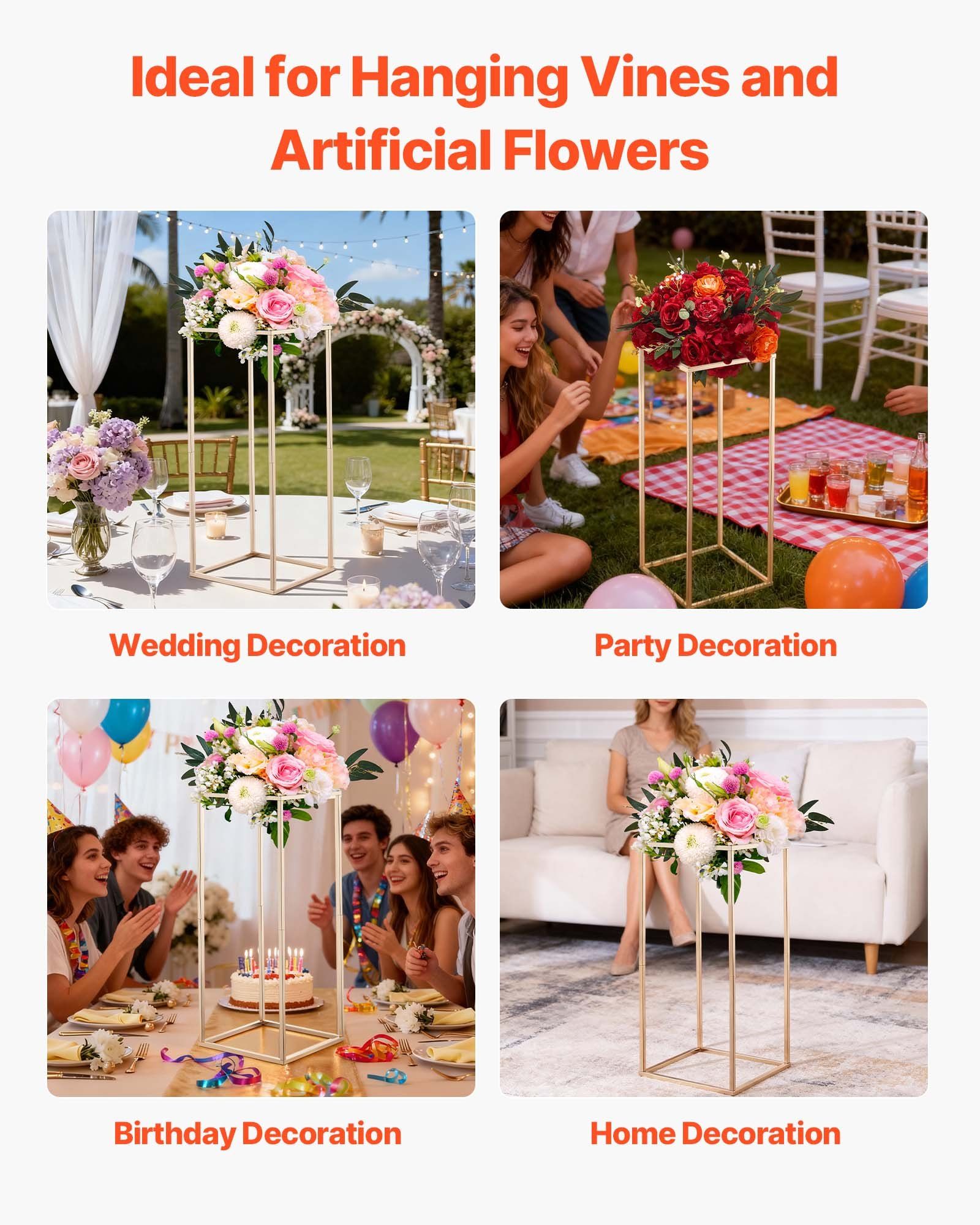 Wedding Flower Stand, 10PCS 60cm Column Flower Stand, Floral Stands with Hidden Screw, Rectangular Cubic Floral Display Rack for Wedding, Party, Birthday, Home, Gold Centerpiece Stands
