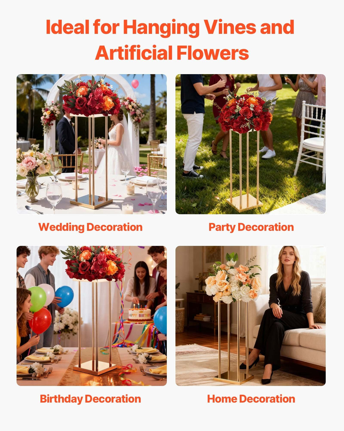 Wedding Flower Stand, 10PCS 60cm Column Flower Stand, Floral Stands with Metal Laminate, Cylindrical Cubic Floral Display Rack for Wedding, Party, Birthday, Home, Gold Centerpiece Stands