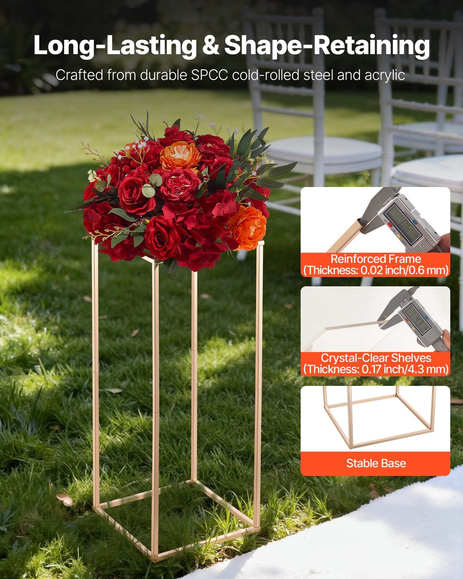 VEVOR Wedding Flower Stand, 10PCS 60cm Column Flower Stand, Floral Stands with Acrylic Laminate, Gold Rectangular Floral Display Rack for Wedding, Party, Birthday, Home,  Gold Centerpiece Stands