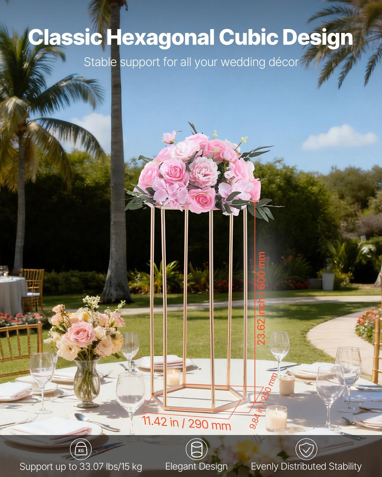 Wedding Flower Stand, 10PCS 60cm Column Flower Stand, Floral Stands with Acrylic Laminate, Hexagonal Cubic Floral Display Rack for Wedding, Party, Birthday, Home, Gold Centerpiece Stands