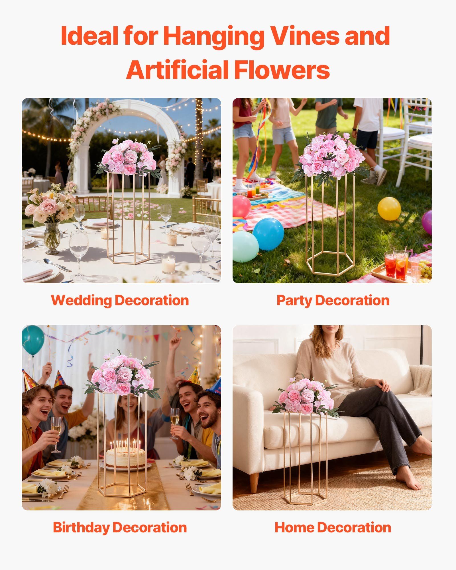 Wedding Flower Stand, 10PCS 60cm Column Flower Stand, Floral Stands with Acrylic Laminate, Hexagonal Cubic Floral Display Rack for Wedding, Party, Birthday, Home, Gold Centerpiece Stands