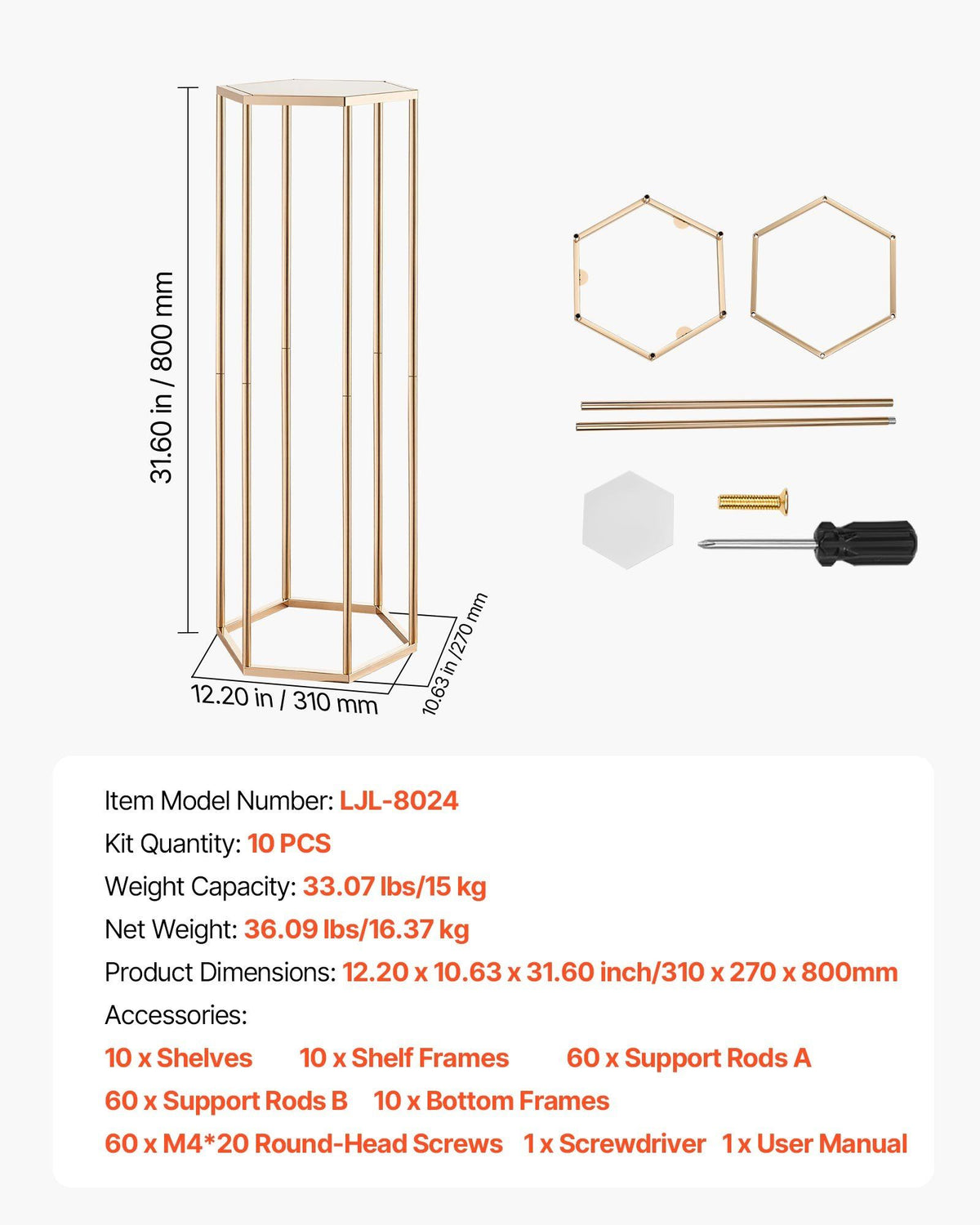 Wedding Flower Stand, 10PCS 80cm Column Flower Stand, Floral Stands with Acrylic Laminate, Hexagonal Cubic Floral Display Rack for Wedding, Party, Birthday, Home, Gold Centerpiece Stands