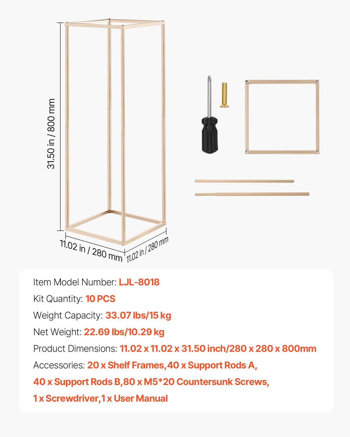 Wedding Flower Stand, 10PCS 80cm Column Flower Stand, Floral Stands with Hidden Screw, Rectangular Cubic Floral Display Rack for Wedding, Party, Birthday, Home, Gold Centerpiece Stands