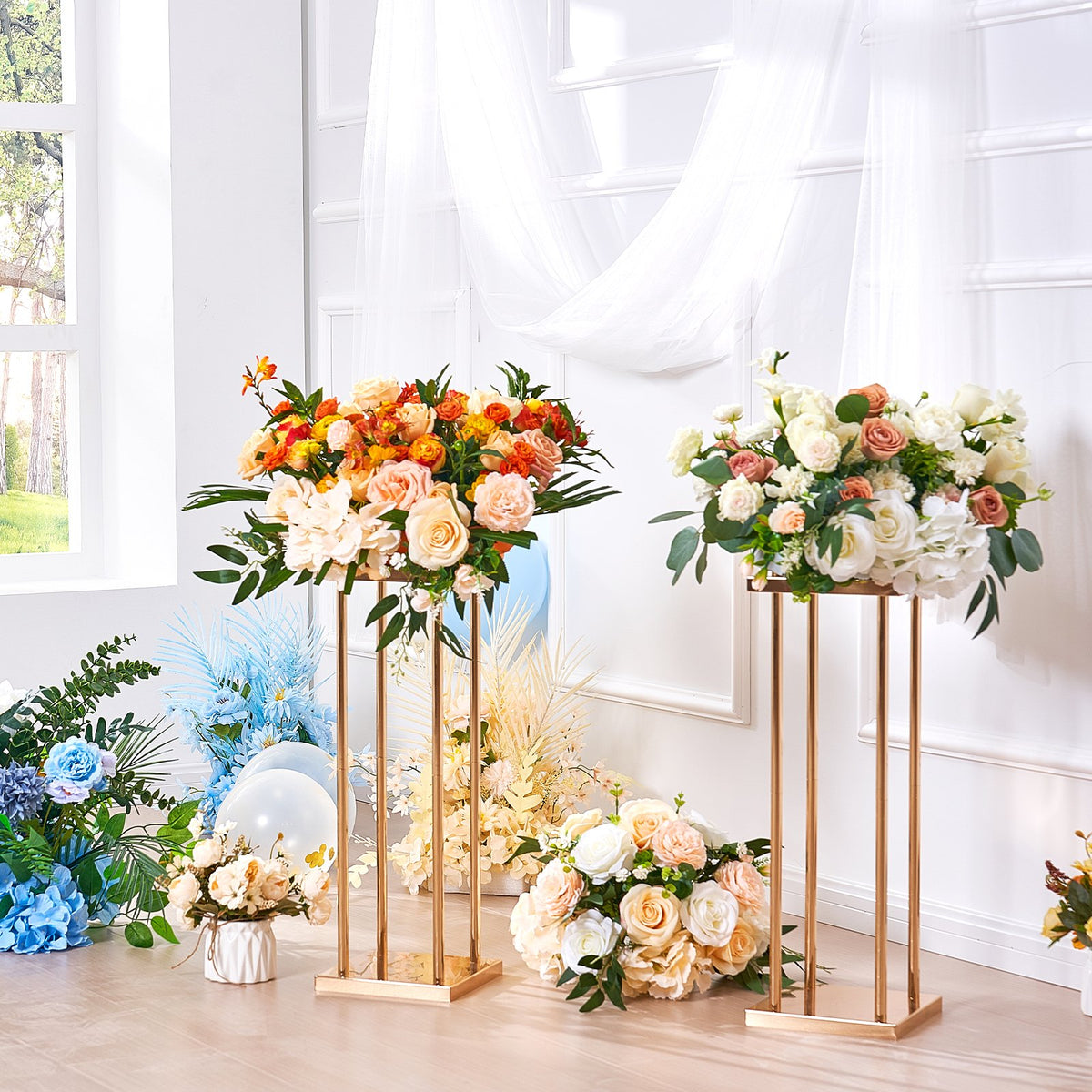 VEVOR 4PCS Gold Metal Column Wedding Flower Stand, 23.6inch /60cm High With Metal Laminate, Vase Geometric Centerpiece Stands, Cylindrical Floral Display Rack for Events Reception, Party Road Leads