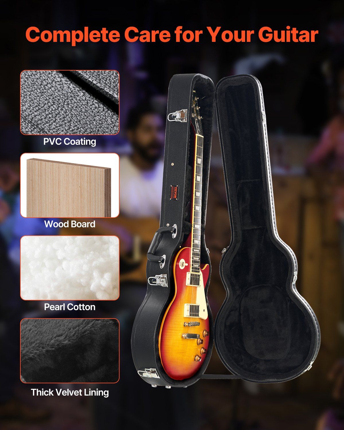 Electric Guitar Hard Case, 1050 mm Gourd-Shaped Guitar Hard Case, With Lock Latch Key Handle, PVC Padding Soft Lining Water-Resistant Hard Shell Guitar Cases, for 990 mm LES Paul Guitars, Black