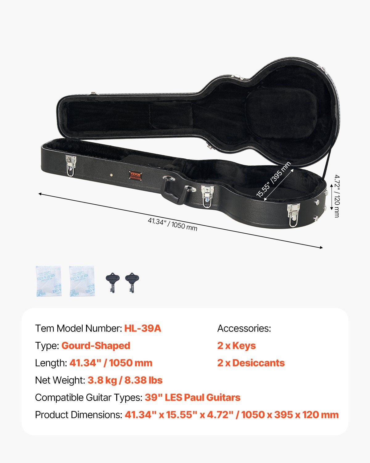 Electric Guitar Hard Case, 1050 mm Gourd-Shaped Guitar Hard Case, With Lock Latch Key Handle, PVC Padding Soft Lining Water-Resistant Hard Shell Guitar Cases, for 990 mm LES Paul Guitars, Black