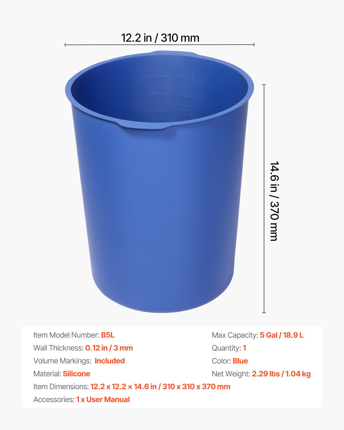 VEVOR 18.9L Bucket Liner for Concrete Mix, Reusable Silicone Mortar Bucket Liner for Thinset Paint Concrete Epoxy Mixing, Heavy-duty Grout Mixer Insert Tool with Graduated Measurements, Blue