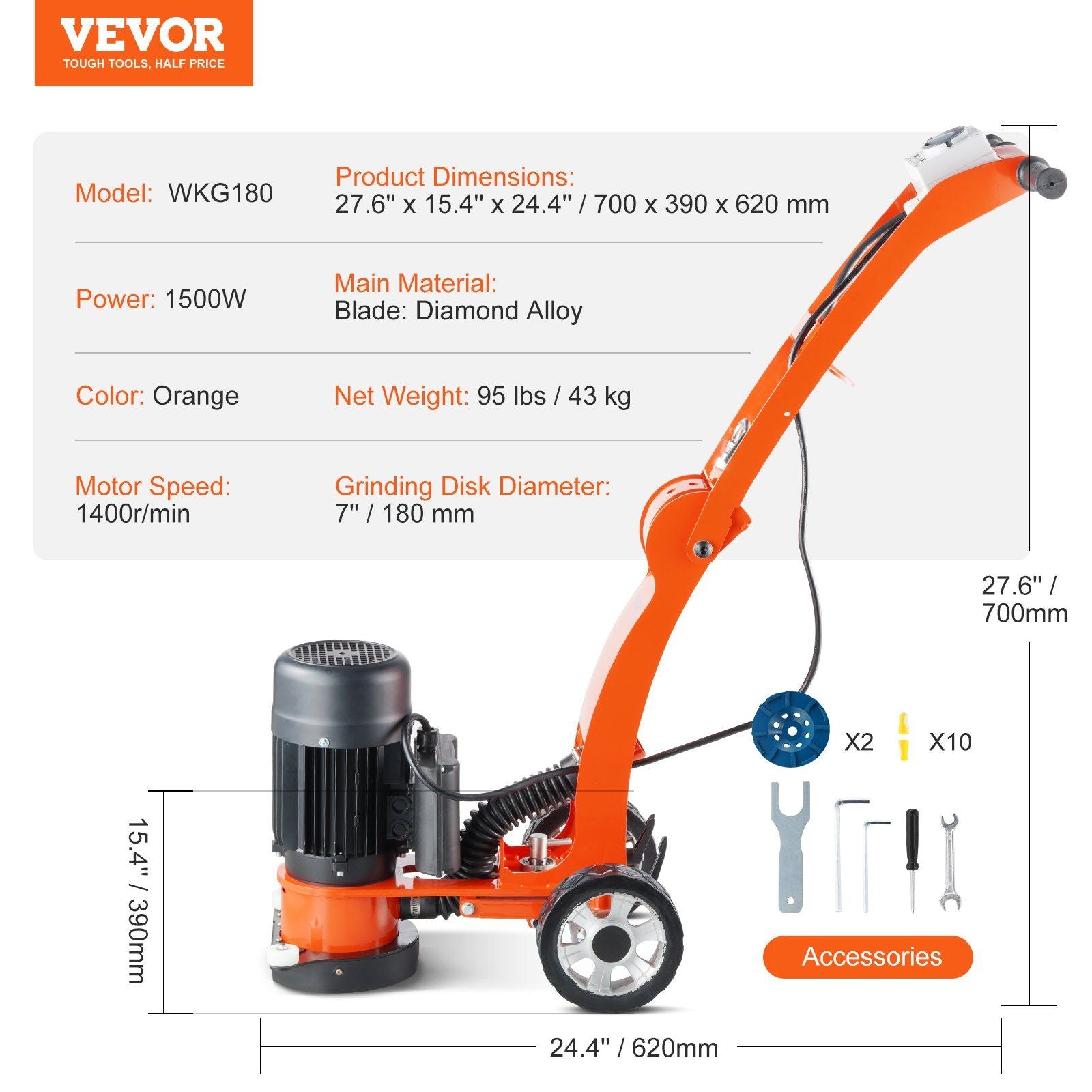 Electric Concrete Floor Grinder 7" Walk-Behind Grinder 2.0HP Concrete Floor Polisher, 1500W Grinding Machine, 1400RPM Upgrade Brushless Motor Surfacing Grinder for Granite/Marble/Stones