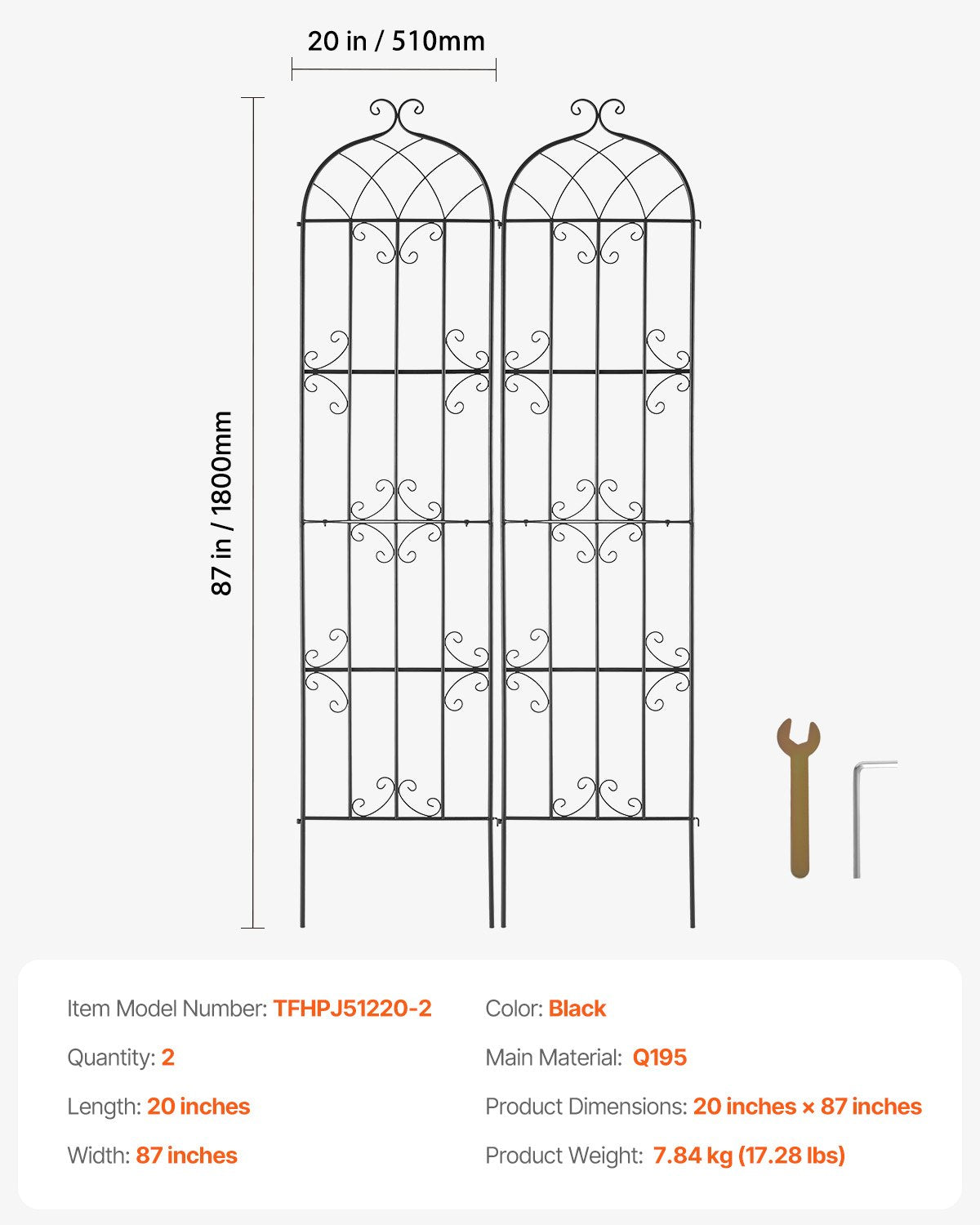 VEVOR 2 Packs Metal Garden Trellis for Climbing Plant Support 87x20 in Rustproof