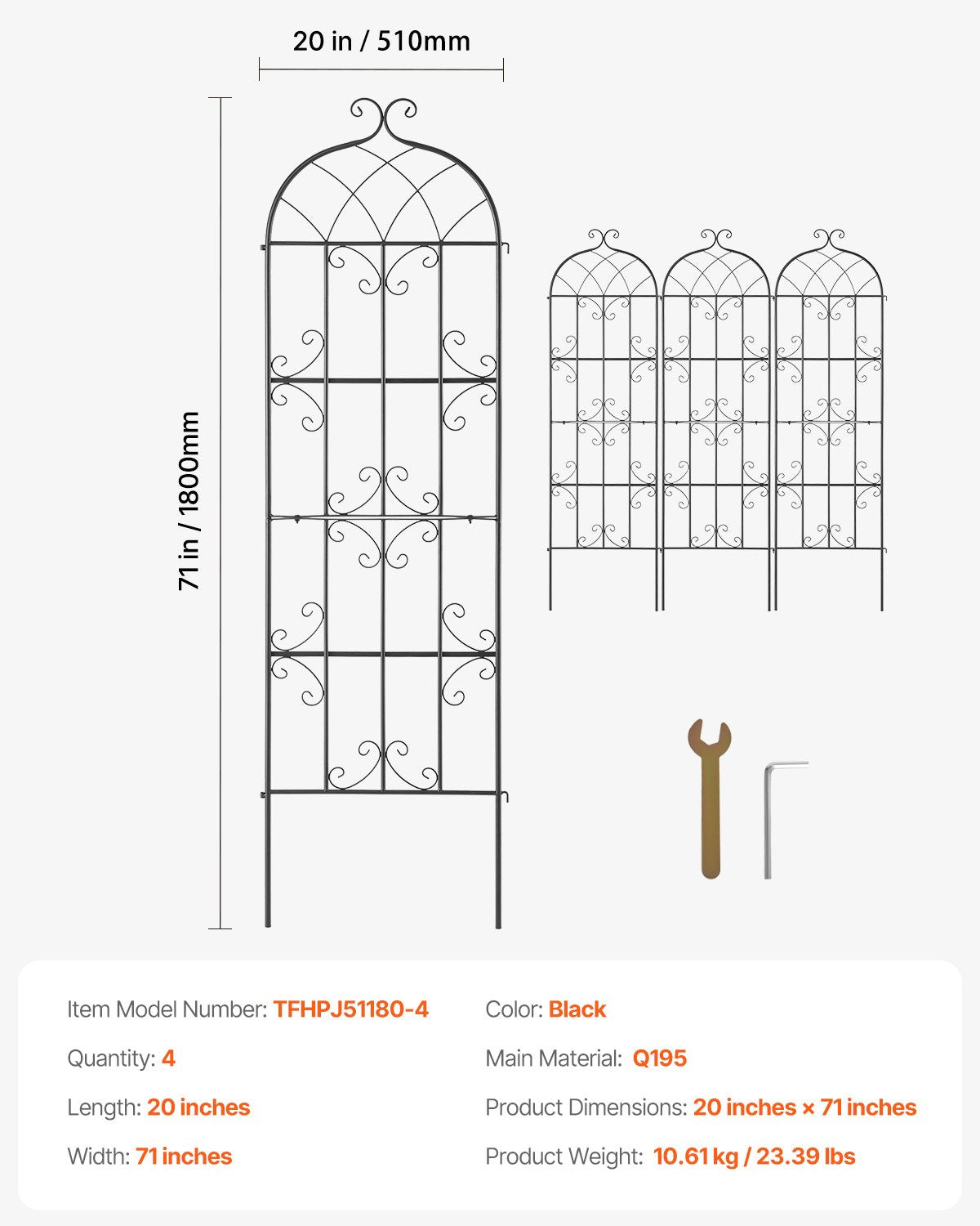 VEVOR 4 Packs Metal Garden Trellis for Climbing Plant Support 71x20 in Rustproof