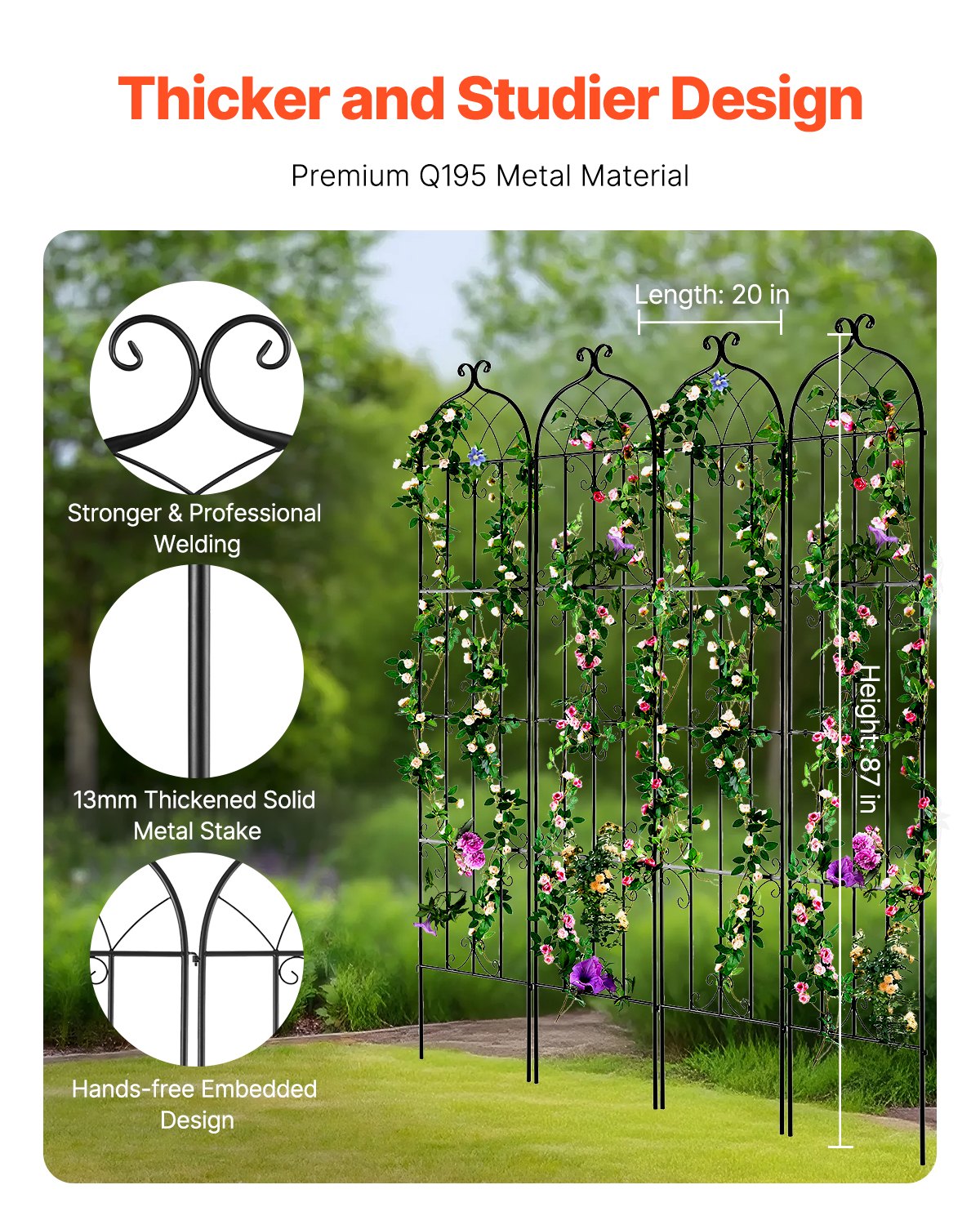 VEVOR Garden Trellis for Climbing Plants, 87 x 20 in, 4 Packs Rustproof Metal Garden Flower Trellis, Outdoor Climbing Rose Trellis Cucumbers Support, Decorative Clematis Trellis for Courtyards Lawns