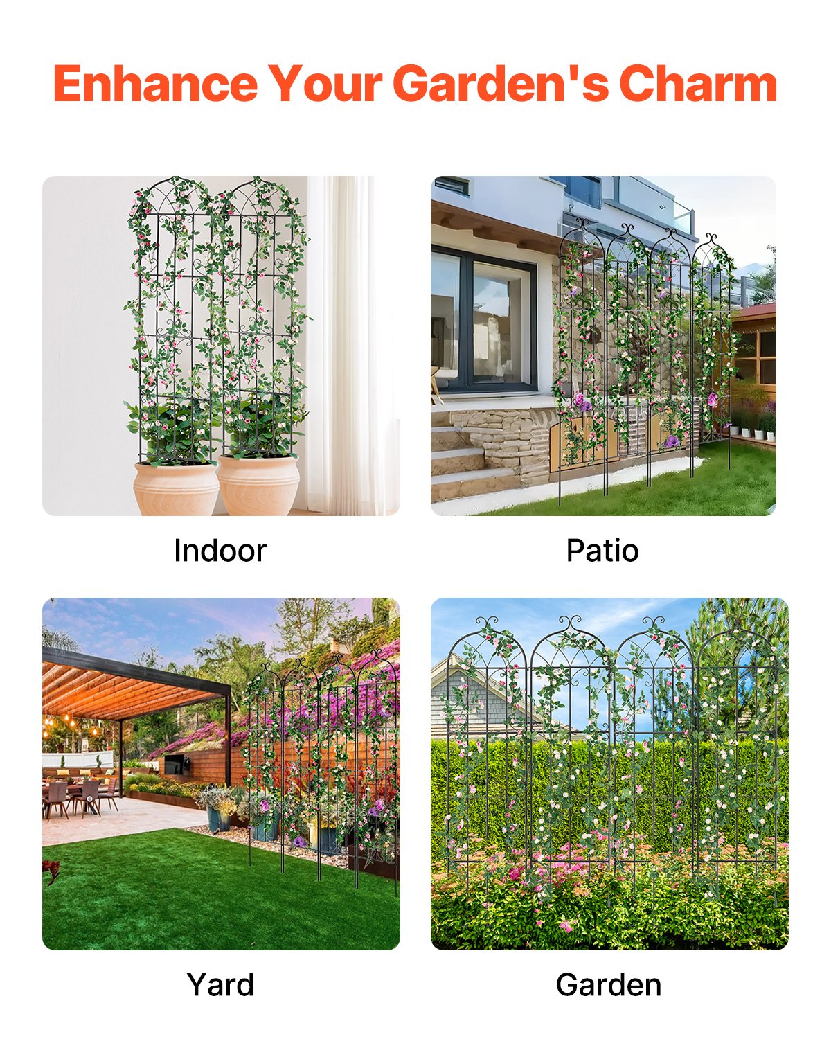 VEVOR Garden Trellis for Climbing Plants, 87 x 20 in, 4 Packs Rustproof Metal Garden Flower Trellis, Outdoor Climbing Rose Trellis Cucumbers Support, Decorative Clematis Trellis for Courtyards Lawns