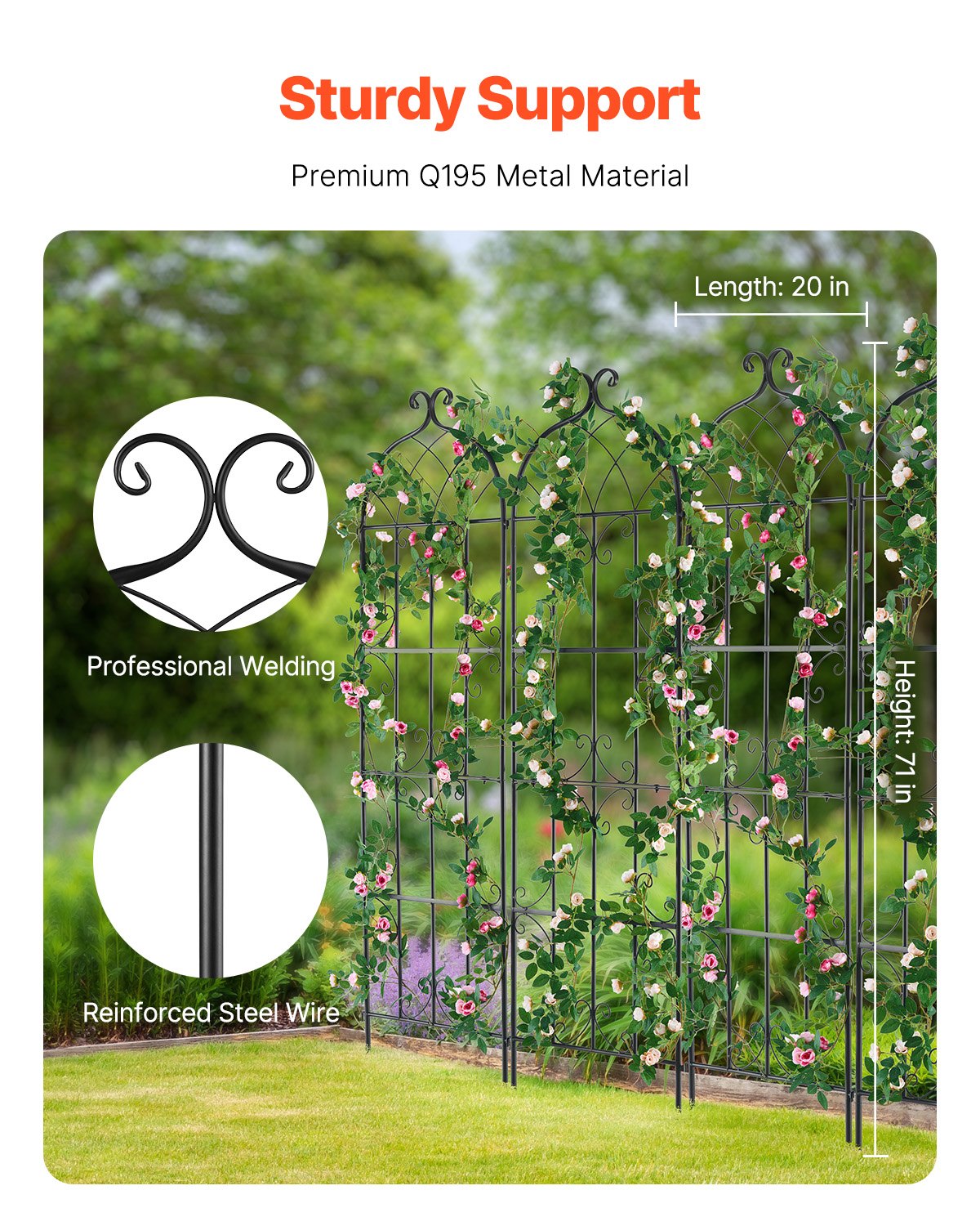 VEVOR 4 Packs Metal Garden Trellis for Climbing Plant Support 71x20 in Rustproof