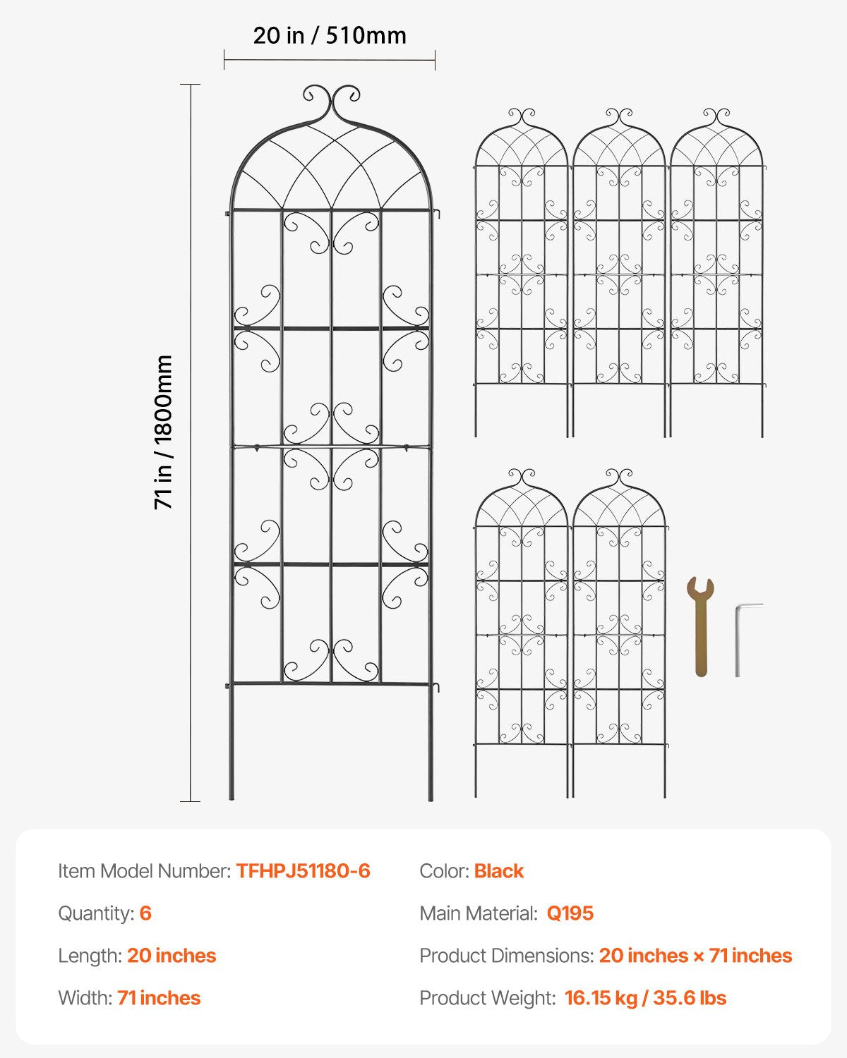 VEVOR 4 Packs Metal Garden Trellis for Climbing Plant Support 71x20 in Rustproof