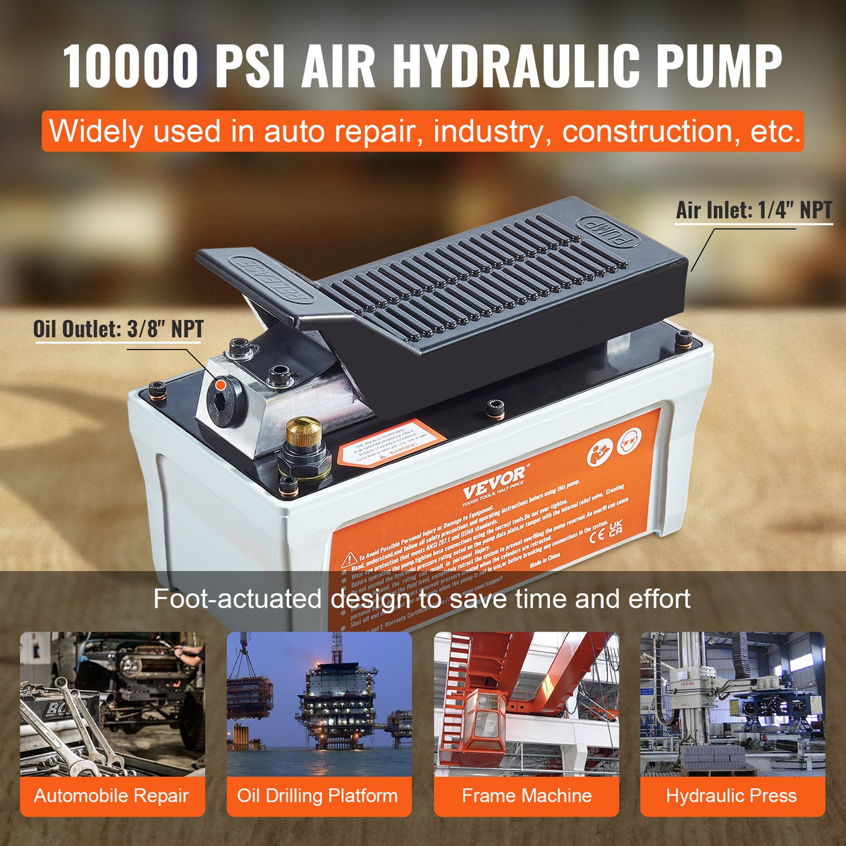 VEVOR Air Hydraulic Pump, 10,000 PSI 1/2 Gal Reservoir, NPT 3/8" Oil Outlet, NPT 1/4" Inlet, 6.6 ft Pipe, Foot Actuated Hydraulic Pump Air Treadle for Auto Body Frame Machines and Pulling Post, Gray