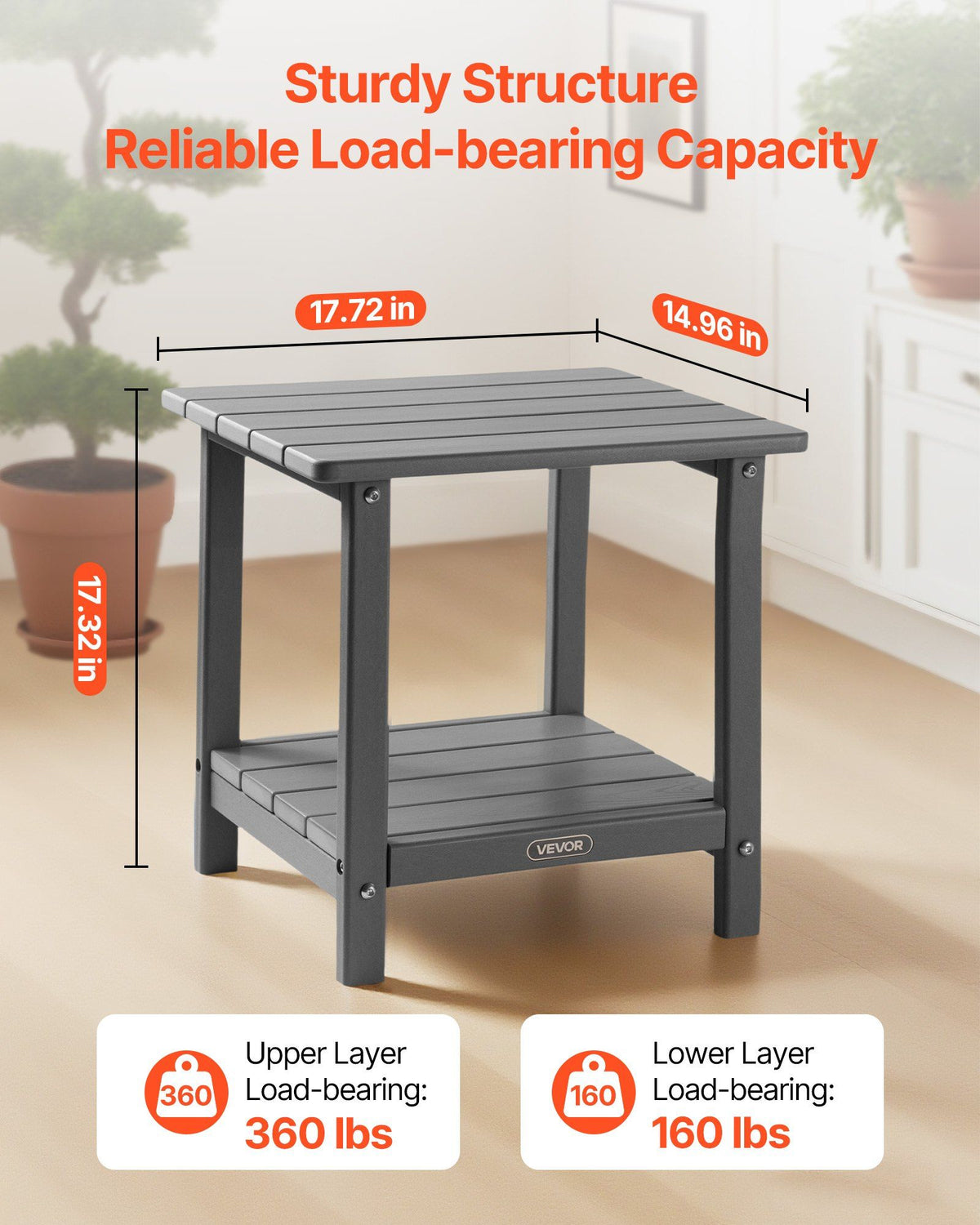 Outdoor Side Table, 450W x 380D x 440H mm, Double Layer HDPE Outside End Table for Easy Maintenance, Withstand Harsh Weather, Fit for Patio, Pool, Beach, Porch, Indoor, Backyard, Grey