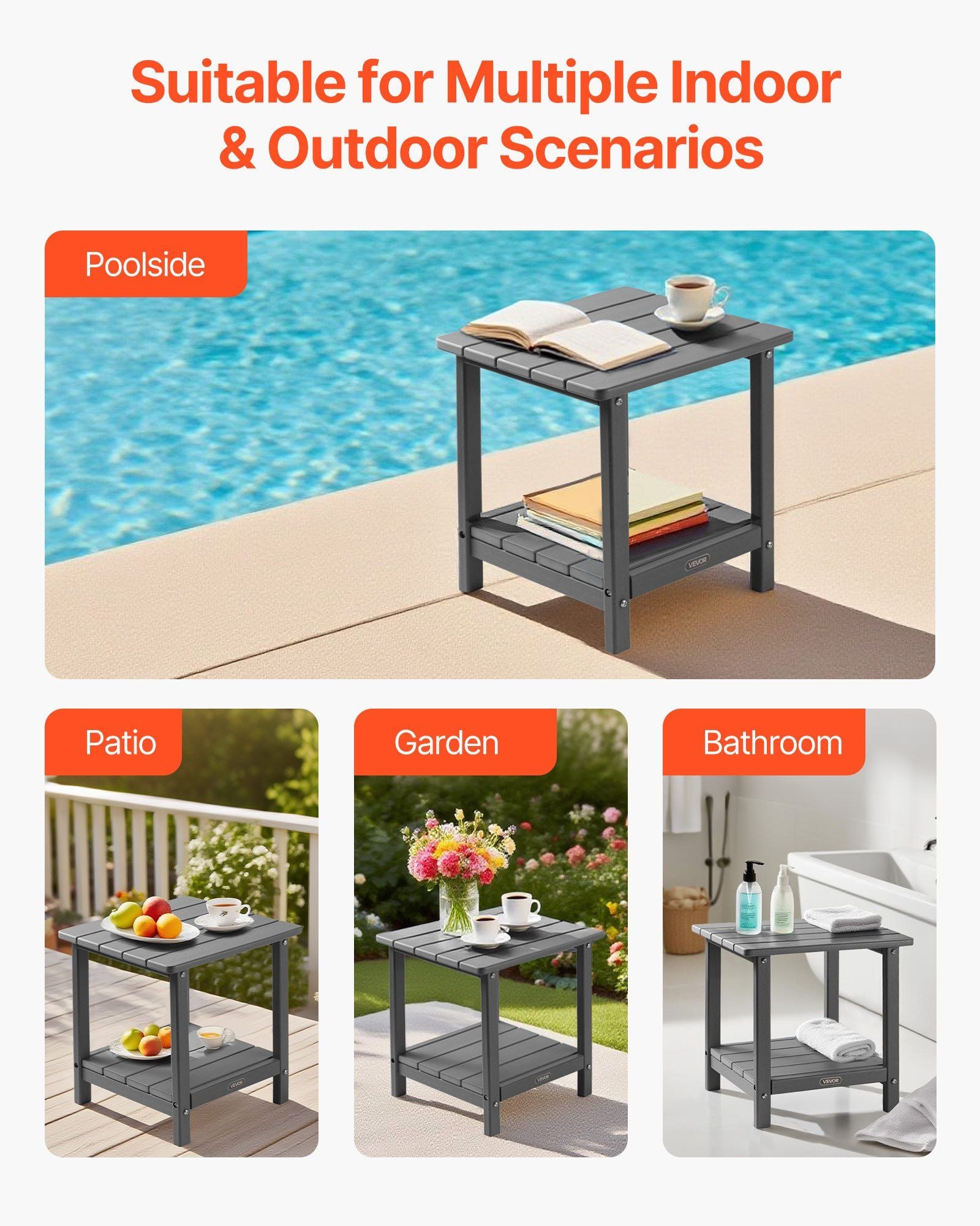 Outdoor Side Table, 450W x 380D x 440H mm, Double Layer HDPE Outside End Table for Easy Maintenance, Withstand Harsh Weather, Fit for Patio, Pool, Beach, Porch, Indoor, Backyard, Grey