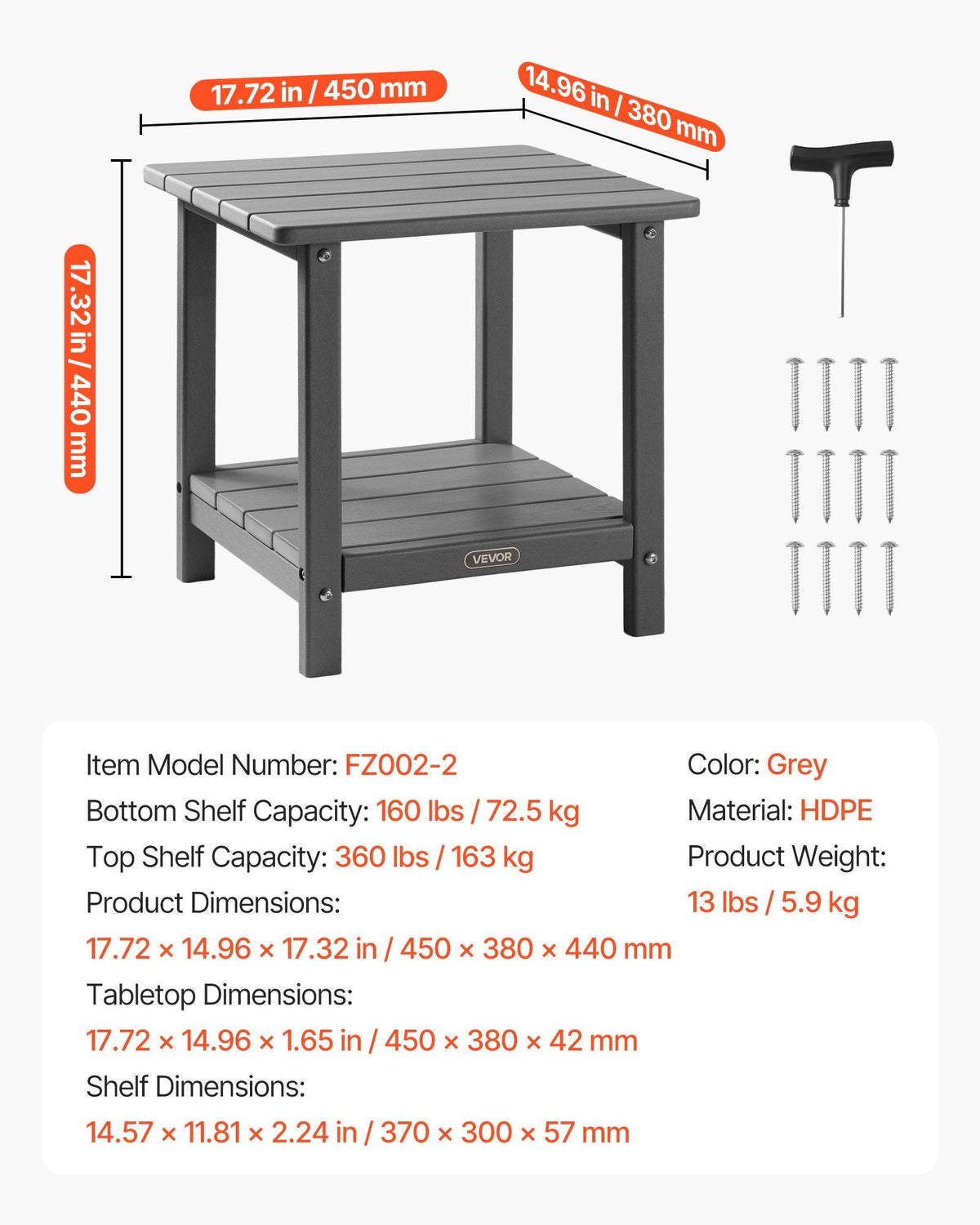 Outdoor Side Table, 450W x 380D x 440H mm, Double Layer HDPE Outside End Table for Easy Maintenance, Withstand Harsh Weather, Fit for Patio, Pool, Beach, Porch, Indoor, Backyard, Grey