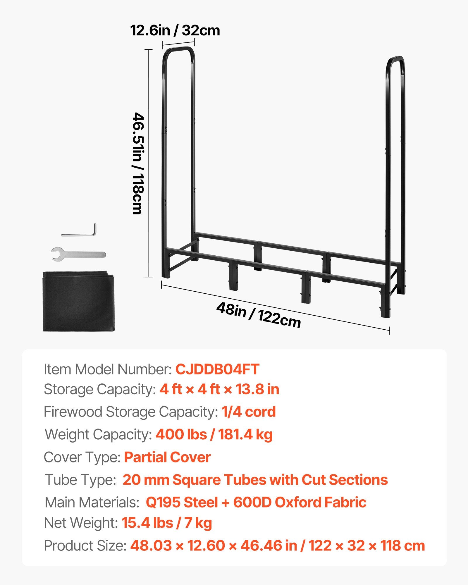 VEVOR Firewood Rack with Waterproof Cover, 1.22m Outdoor Firewood Holder, 1/4 Cord Storage Metal Log Holder, 400lb Max Weight Capacity, Top Covered, Powder-Coated Wood Storage Rack for Fireplace Deck