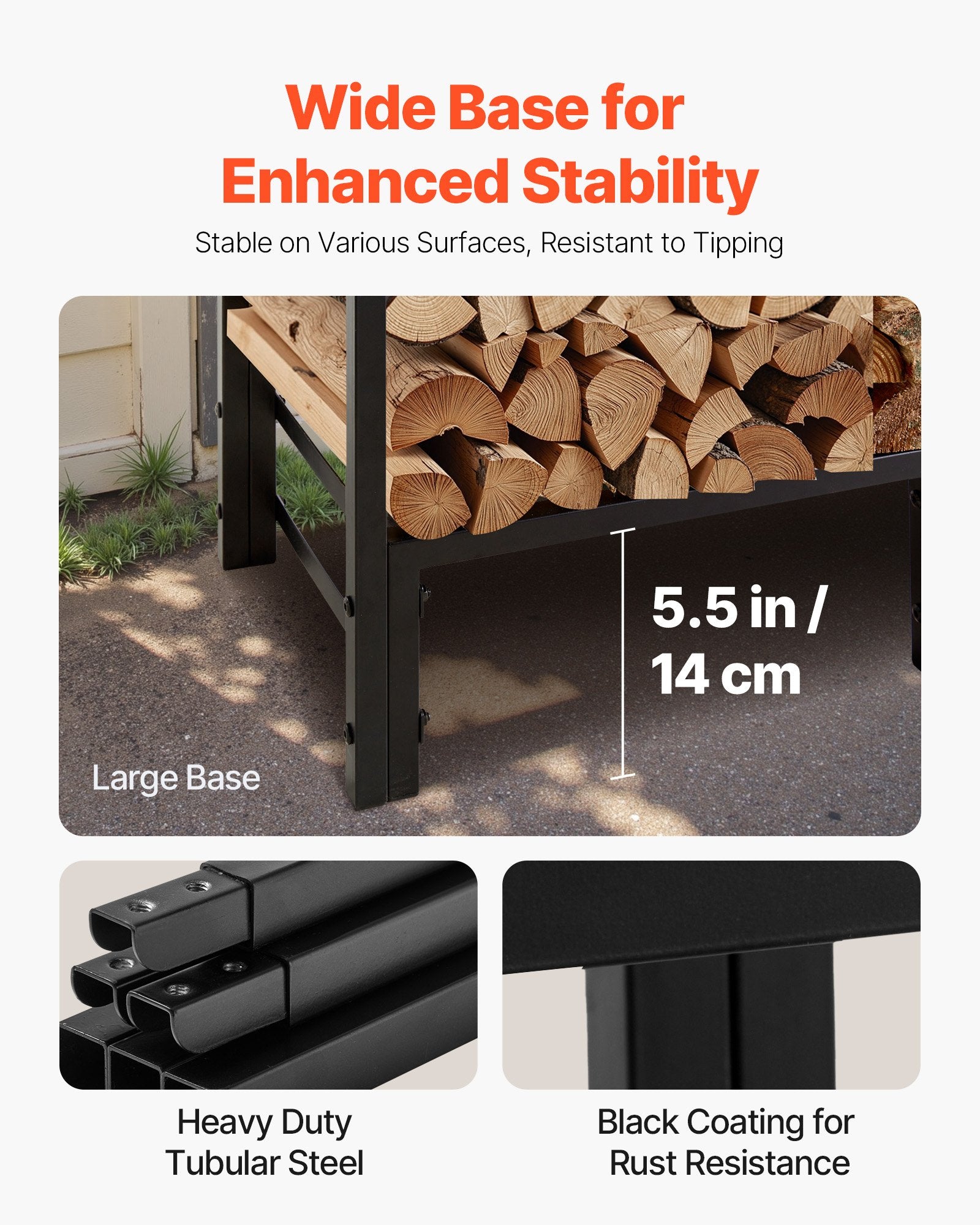 VEVOR Firewood Rack with Waterproof Cover, 1.22m Outdoor Firewood Holder, 1/4 Cord Storage Metal Log Holder, 400lb Max Weight Capacity, Full Covered, Powder-Coated Wood Storage Rack for Fireplace Deck