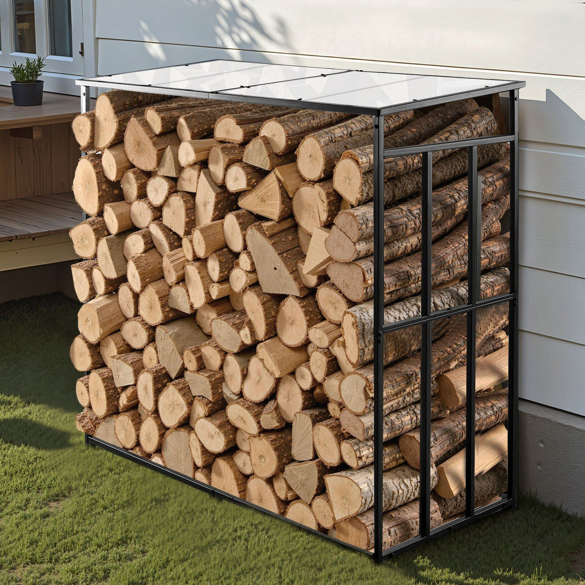 Firewood Rack with Sloped Roof, 143cm Outdoor Firewood Holder, 1/4 Cord Log Storage Shed, 299kg Max Weight Capacity, Powder-Coated Metal Wood Storage Rack for Fireplace Deck Backyard Garden