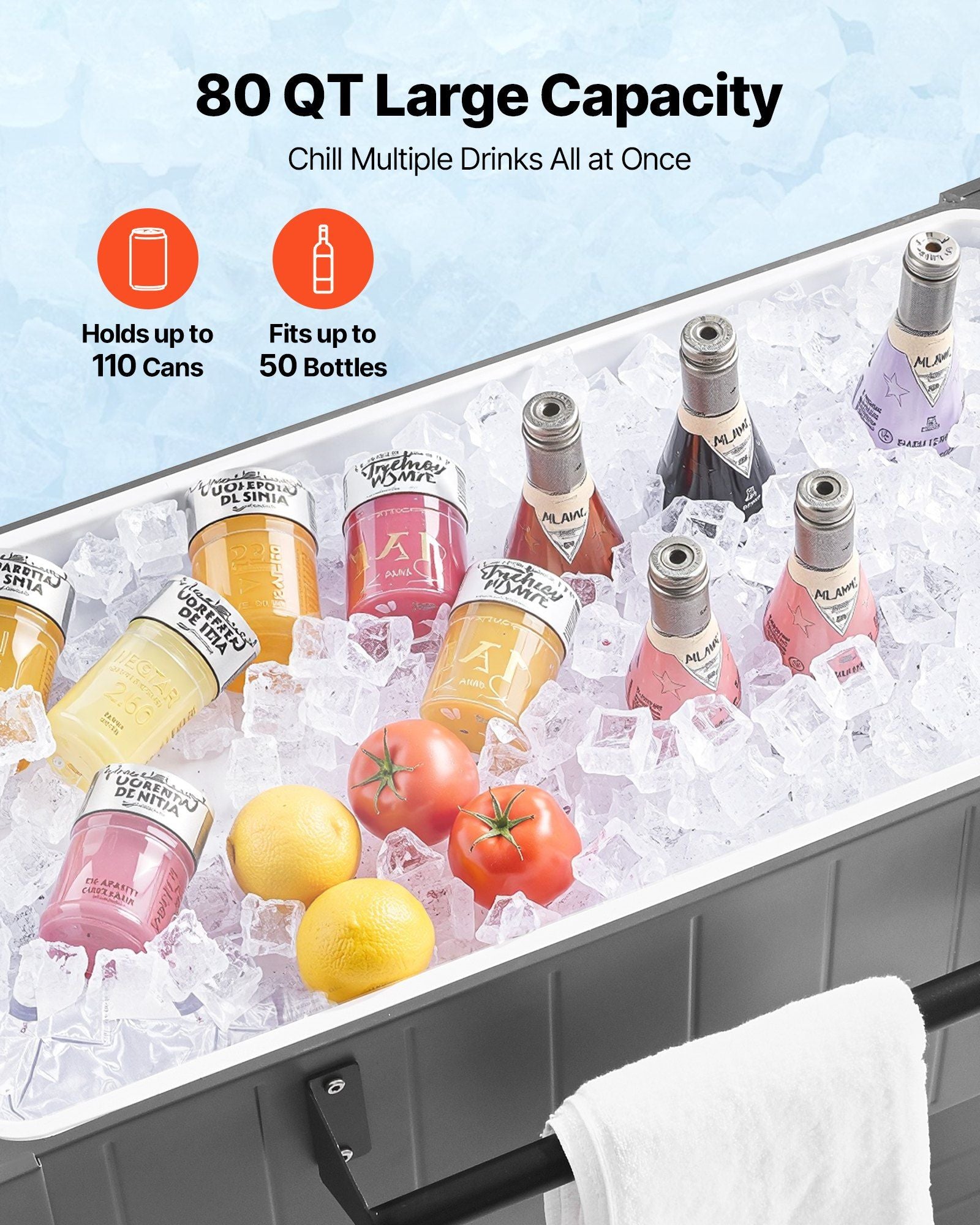 75.7L Rolling Ice Chest, Hold up to 50 Bottles / 110 Cans, Portable Patio Party Bar Drink Cooler Cart with Bottom Shelf & Foldable Side Shelves, Beverage Pool with Swivel Wheels & Bottle Opener